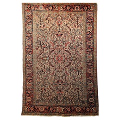 Heriz persan vintage à motif géométrique en ivoire, bleu, vert, bleu marine