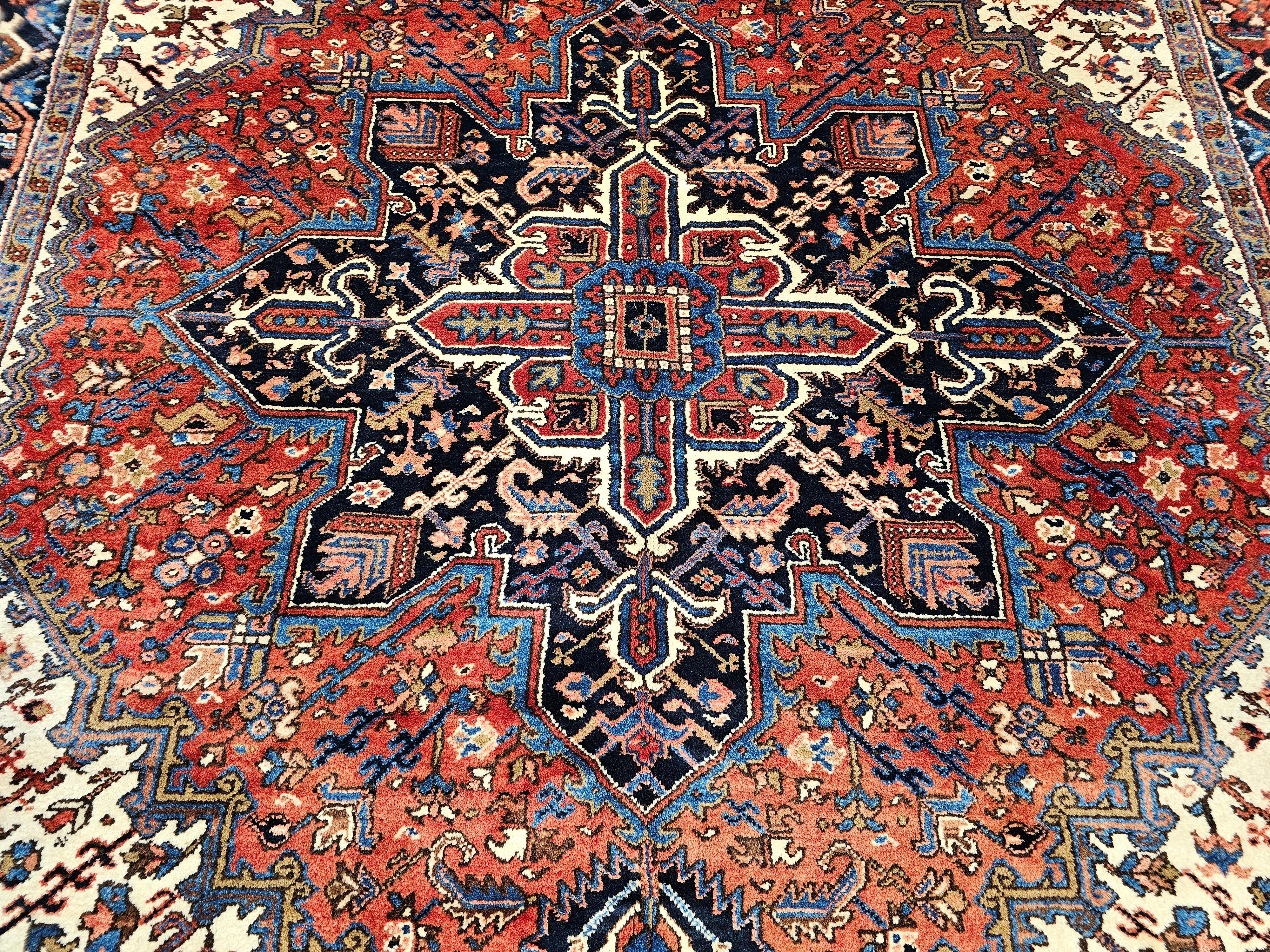 Vintage Persian Heriz in Geometric Pattern in Brick-Red, Navy, Ivory, Blue In Good Condition For Sale In Barrington, IL