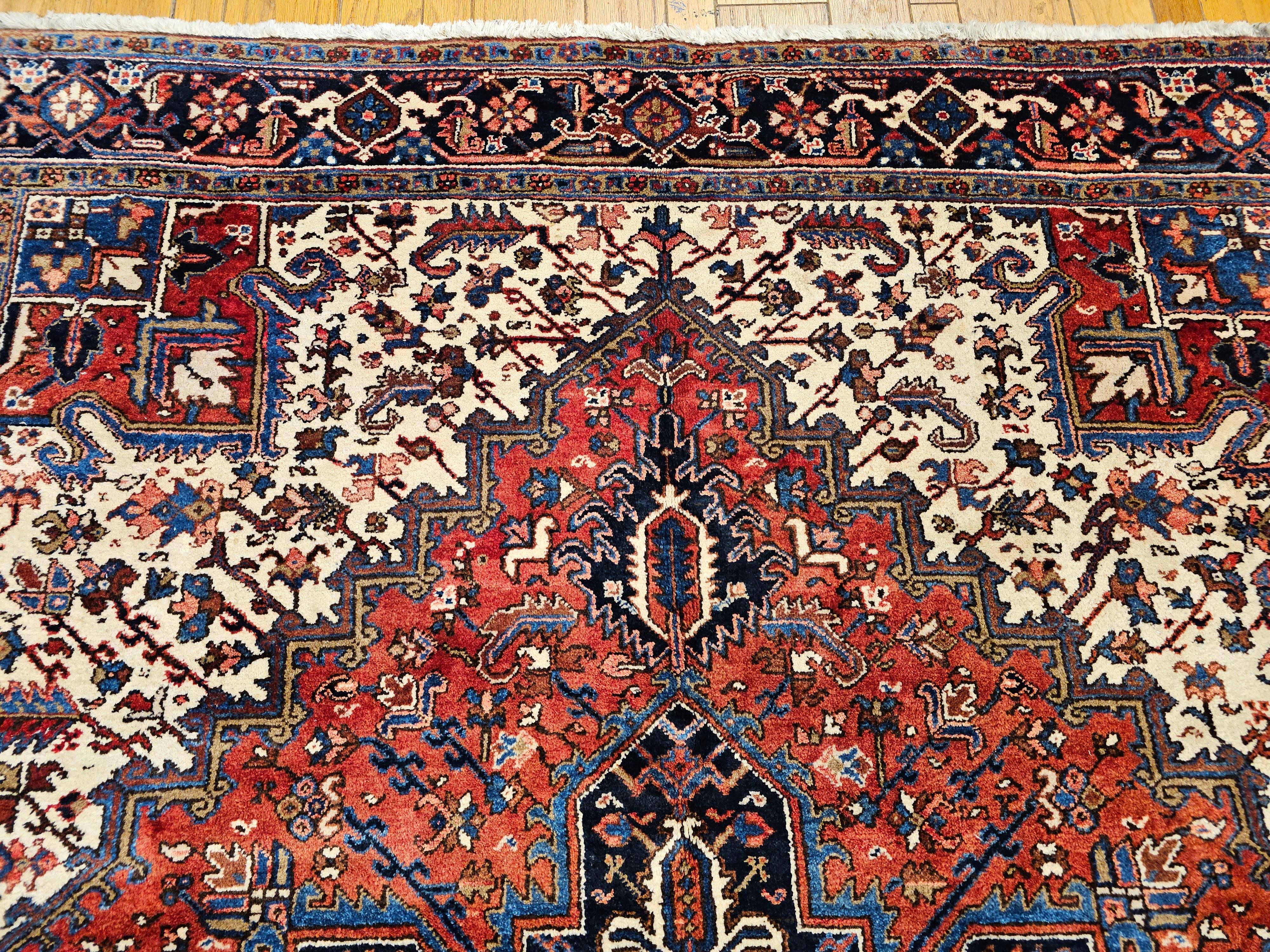 20th Century Vintage Persian Heriz in Geometric Pattern in Brick-Red, Navy, Ivory, Blue For Sale
