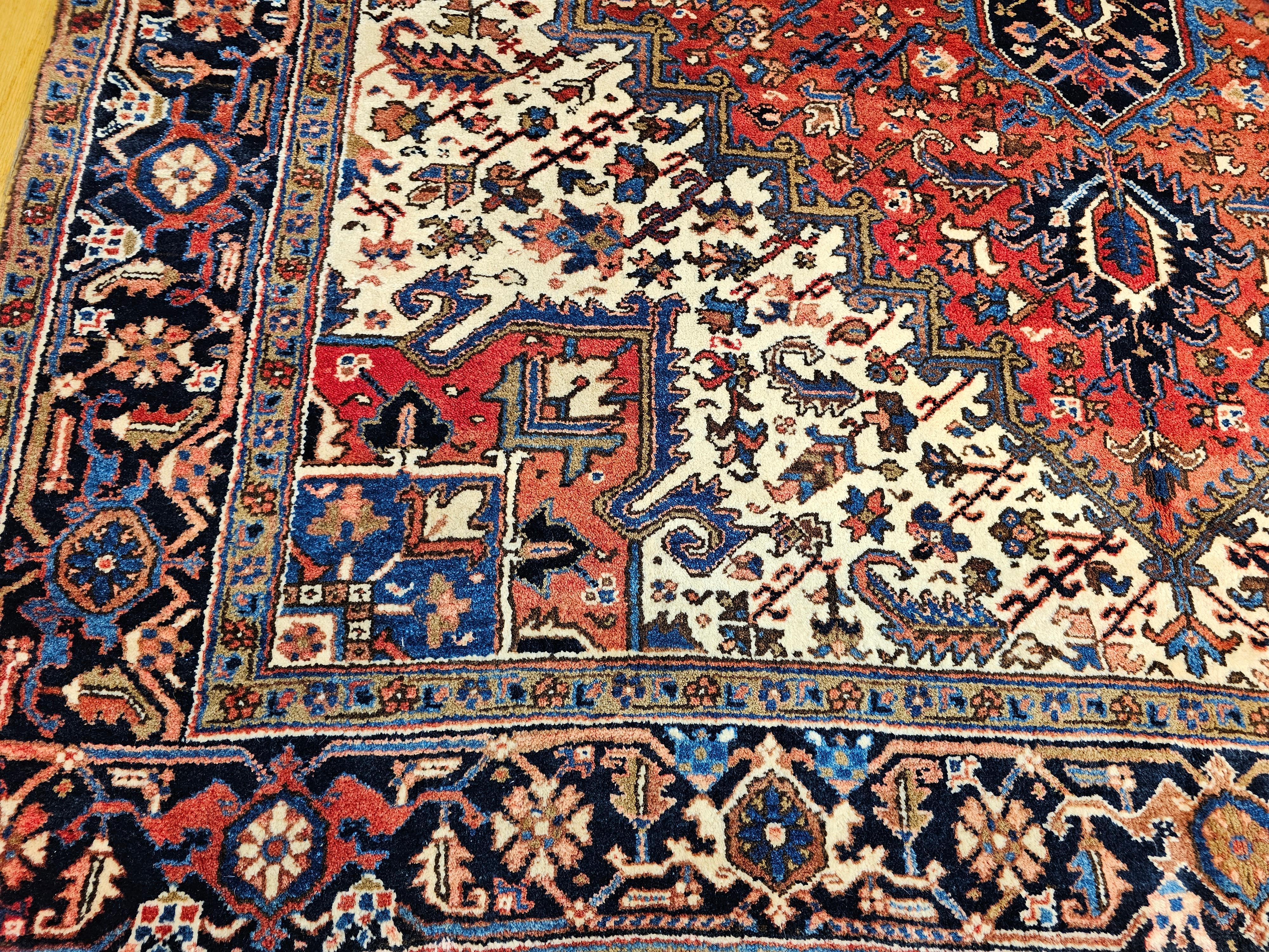 Wool Vintage Persian Heriz in Geometric Pattern in Brick-Red, Navy, Ivory, Blue For Sale