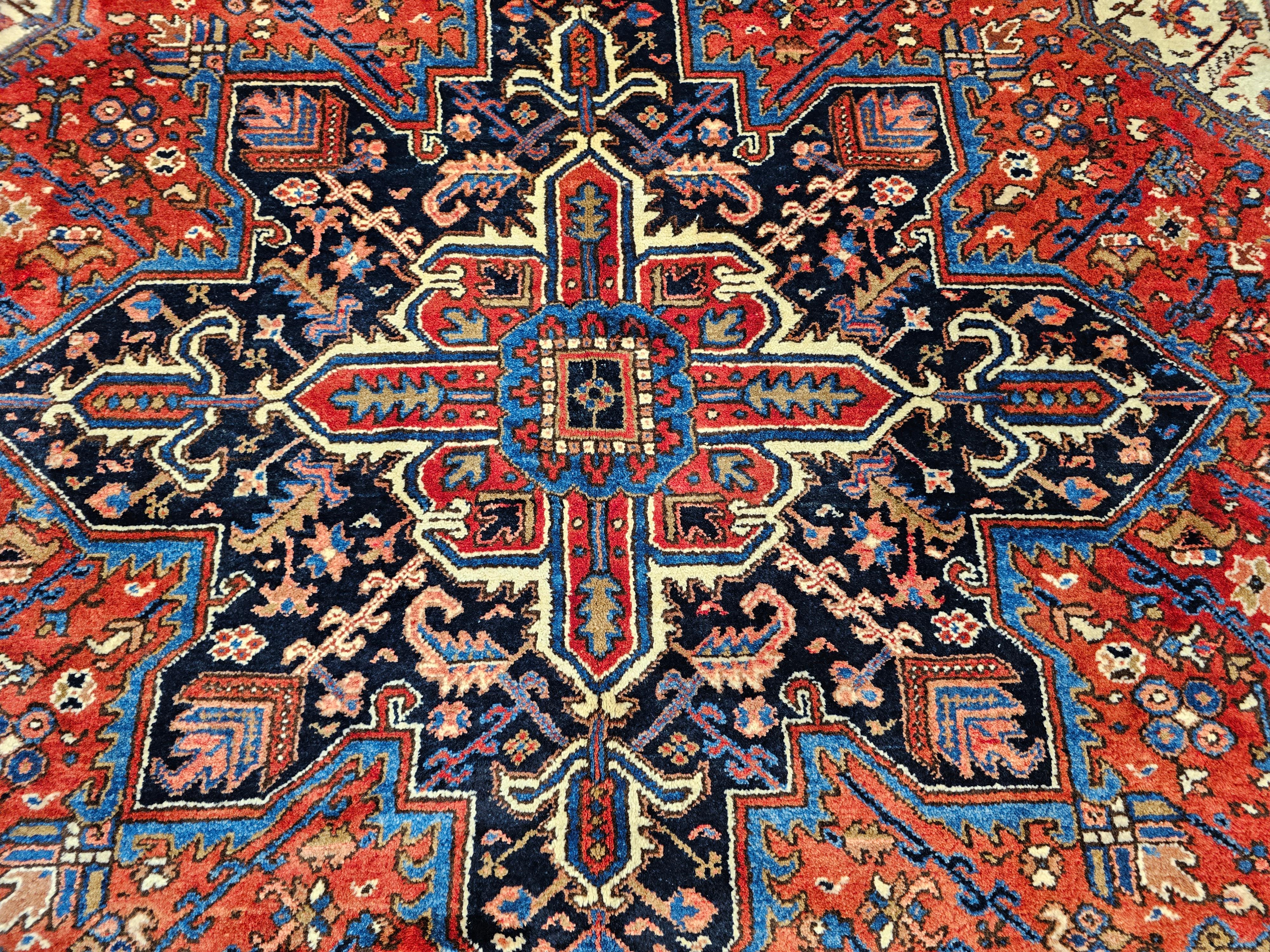 Vintage Persian Heriz in Geometric Pattern in Brick-Red, Navy, Ivory, Blue For Sale 1