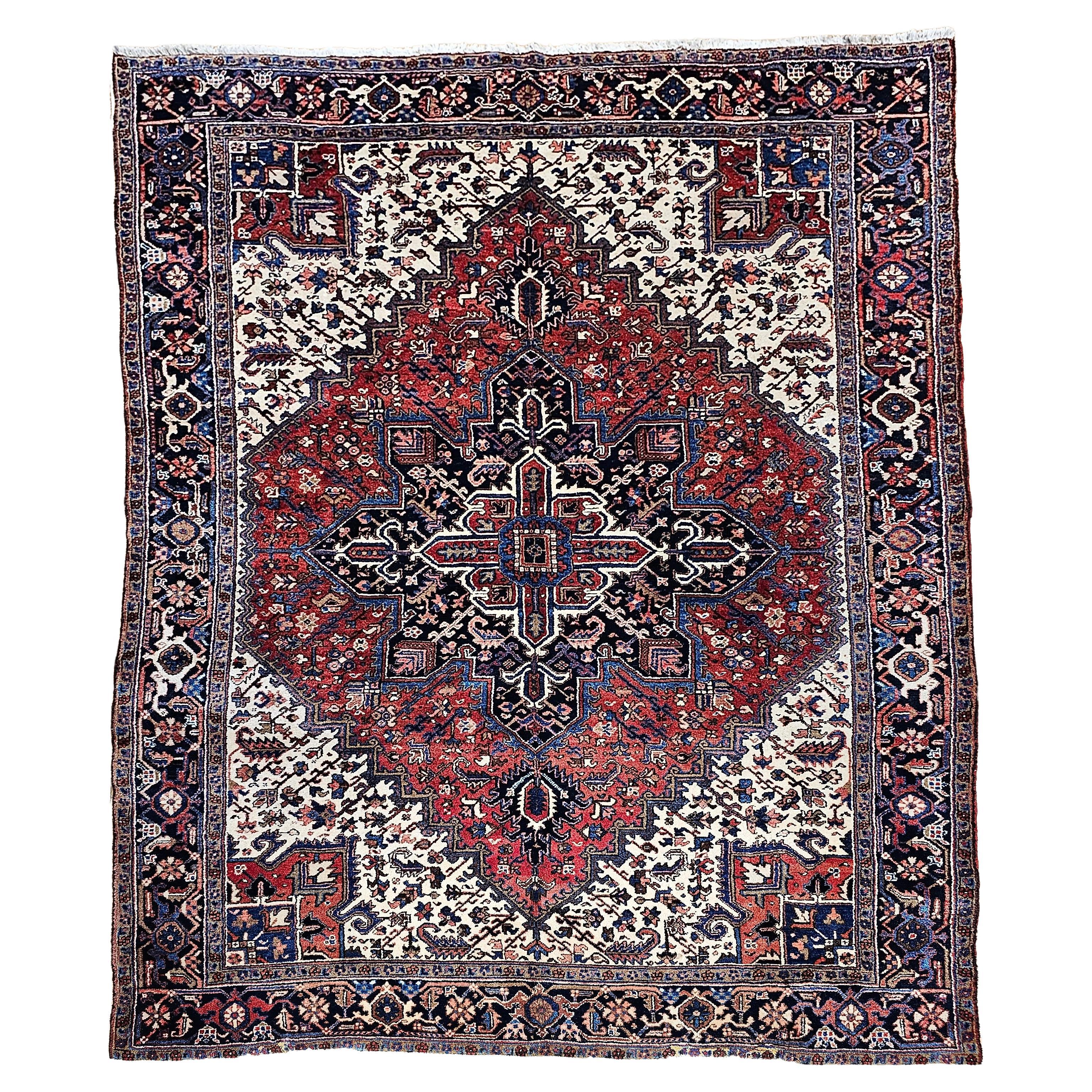 Vintage Persian Heriz in Geometric Pattern in Brick-Red, Navy, Ivory, Blue For Sale