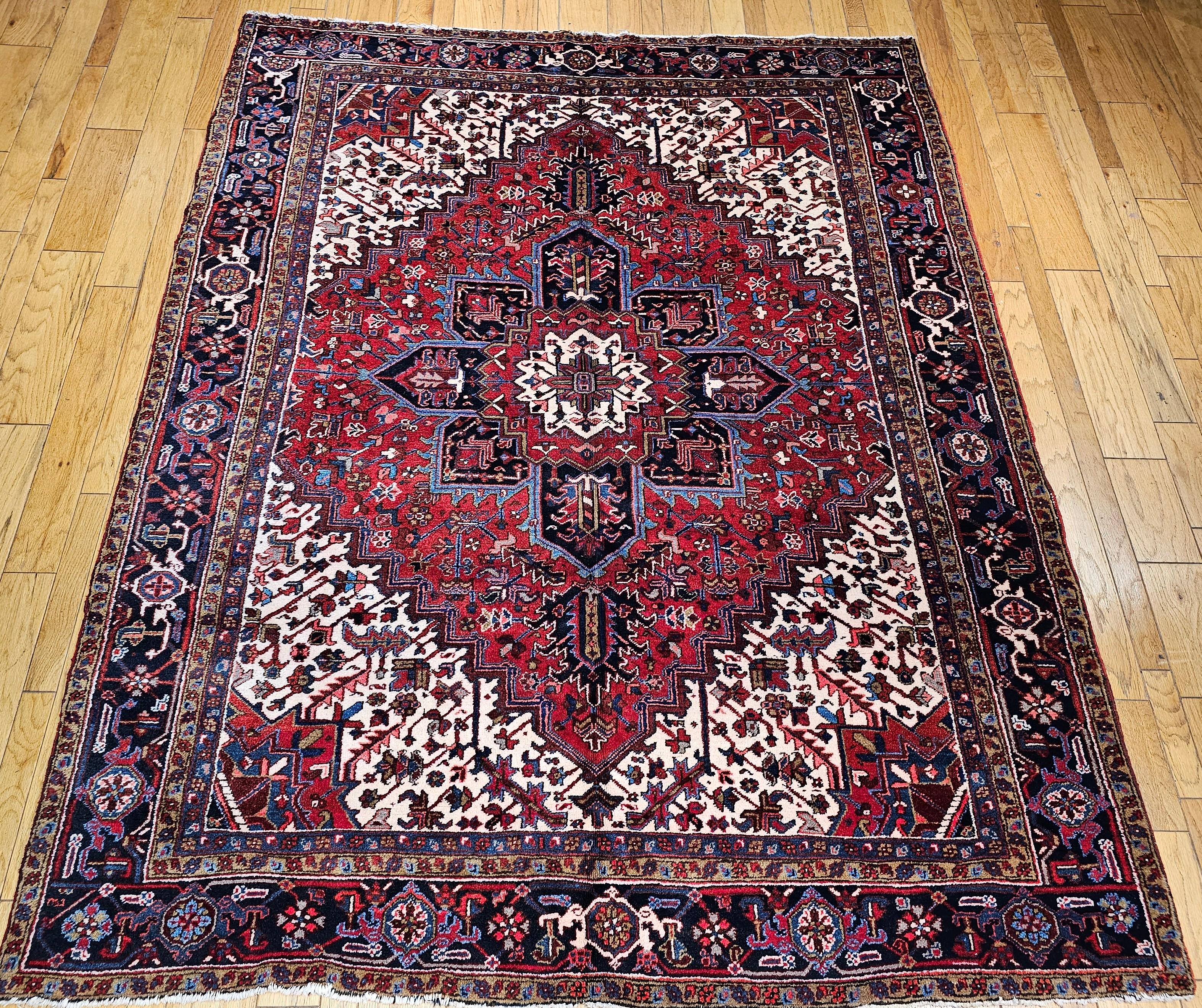 Vintage Persian Heriz in Geometric Pattern in Red, Navy, Ivory, French Blue For Sale 5