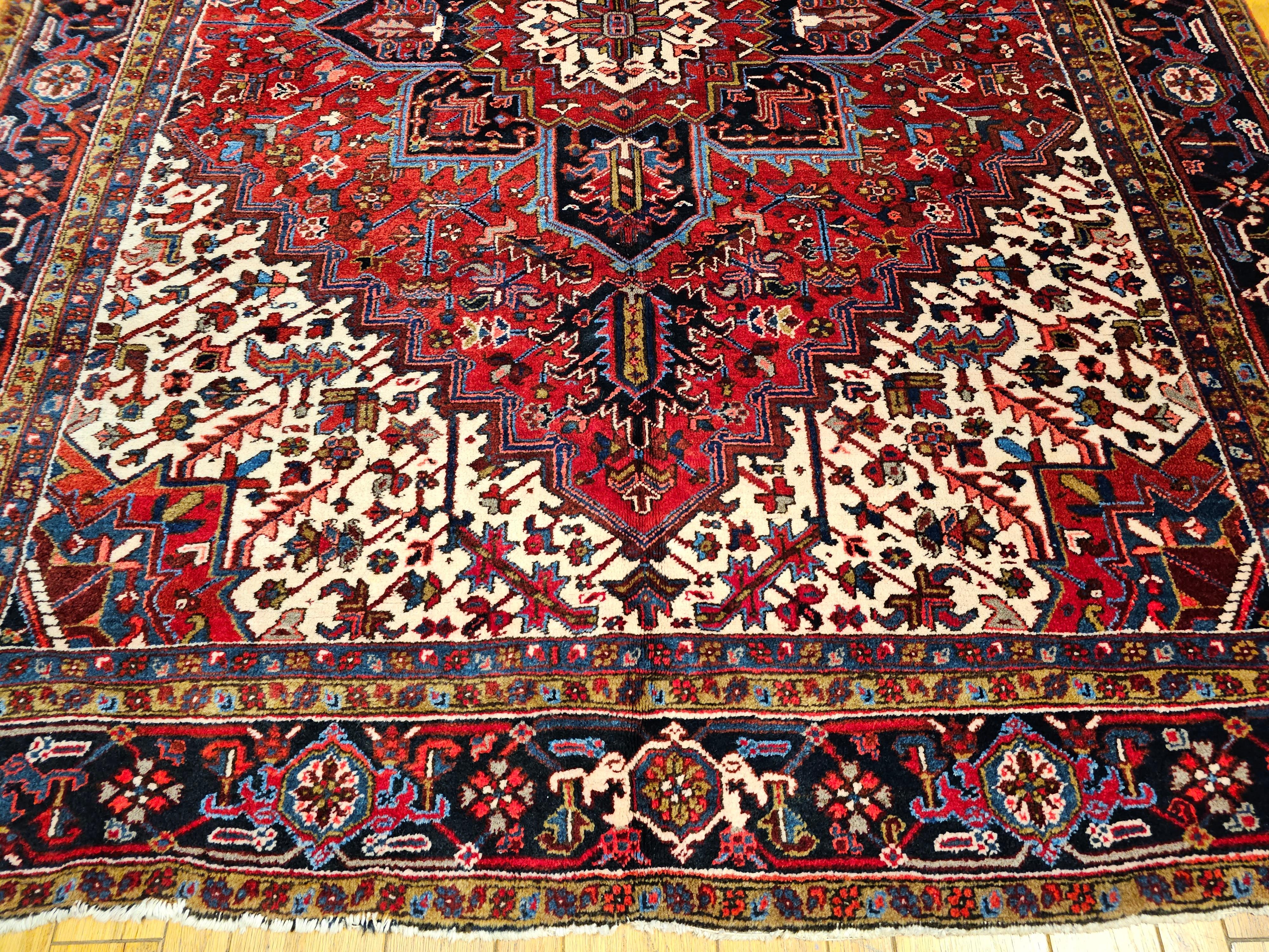 Vegetable Dyed Vintage Persian Heriz in Geometric Pattern in Red, Navy, Ivory, French Blue For Sale