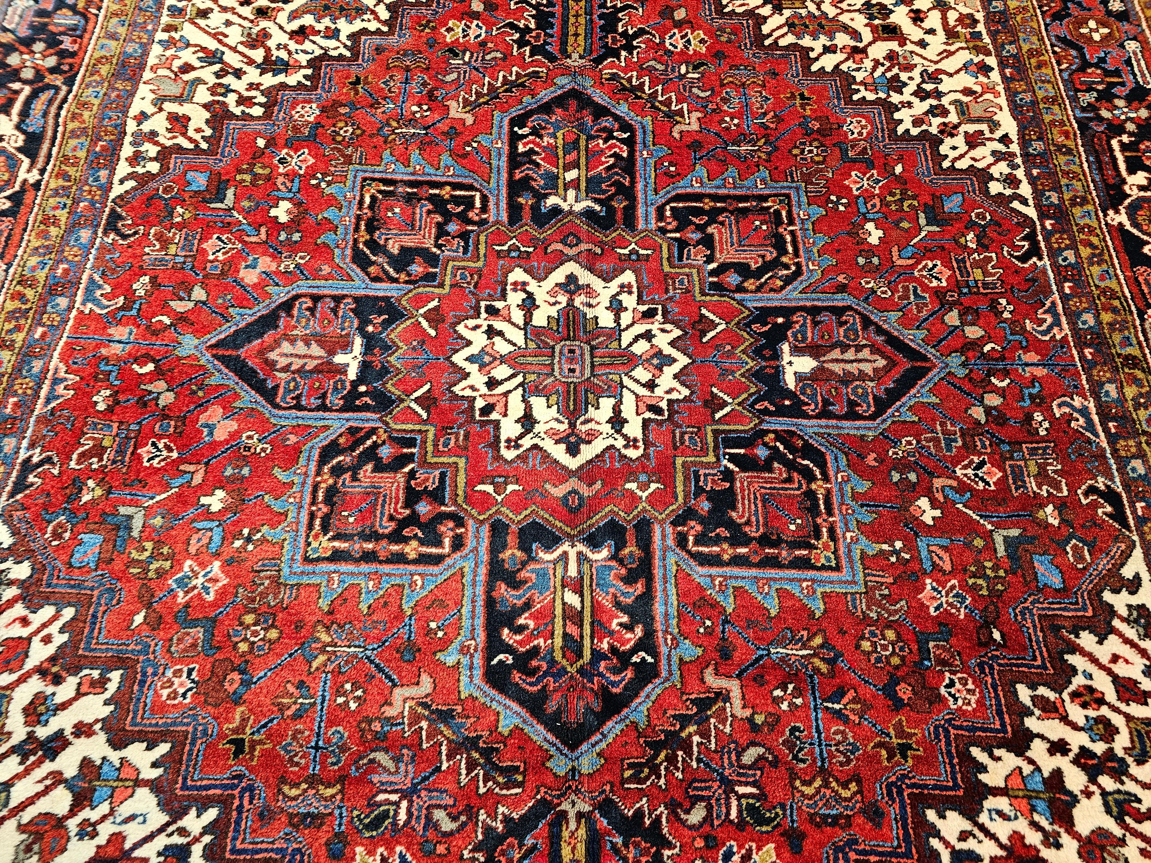 Vintage Persian Heriz in Geometric Pattern in Red, Navy, Ivory, French Blue In Good Condition For Sale In Barrington, IL