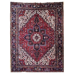 Retro Persian Heriz in Geometric Pattern in Red, Navy, Ivory, French Blue