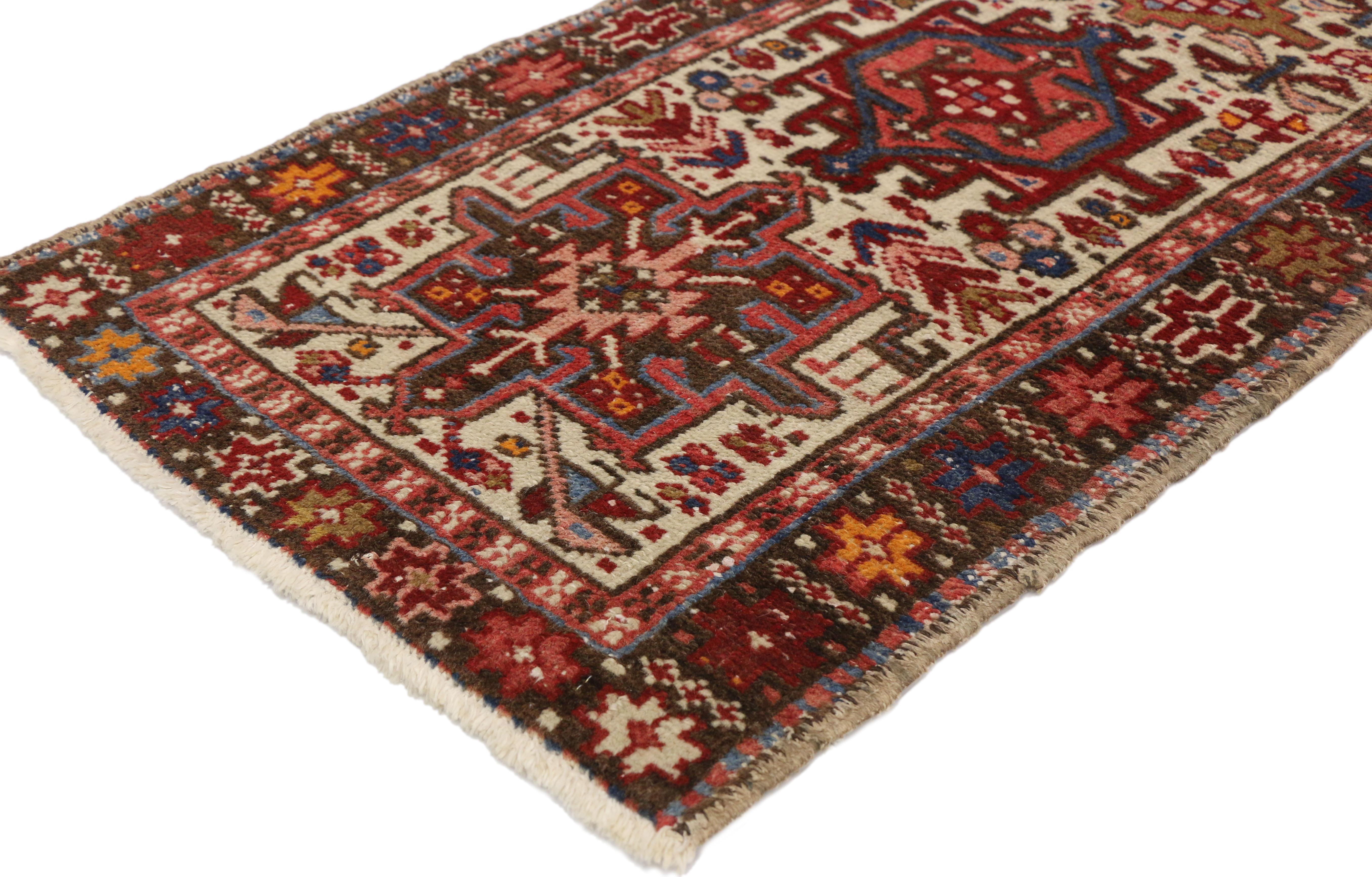 76897 Vintage Persian Karaja Heriz Rug with Modern Tribal Style 02'00 x 05'01. Full of tiny details and a bold expressive design combined with lively colors and tribal style, this hand-knotted wool vintage Persian Karaja Heriz rug is a captivating