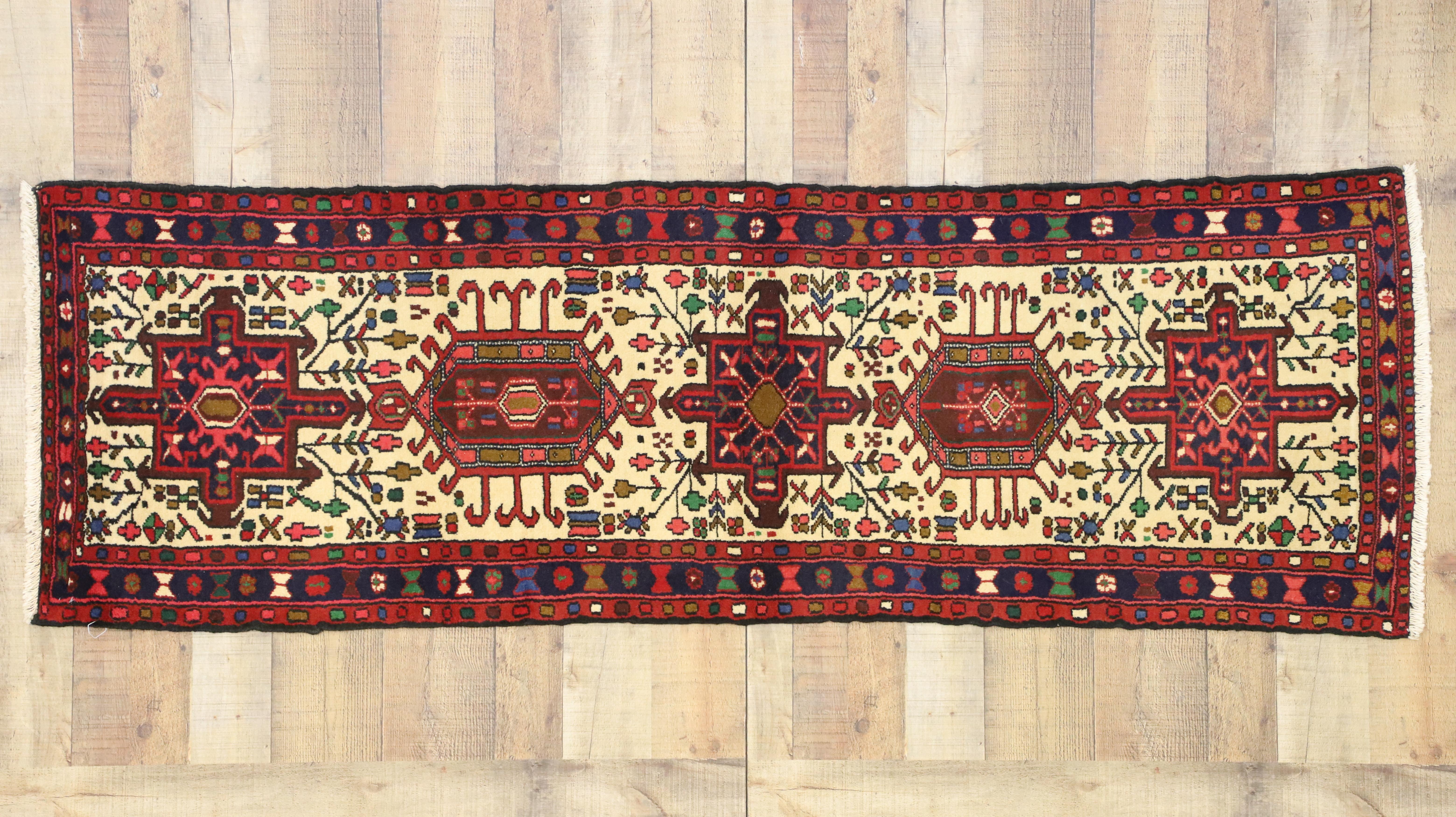 20th Century Vintage Persian Heriz Karaja Runner, Short Hallway Tribal Style Runner For Sale