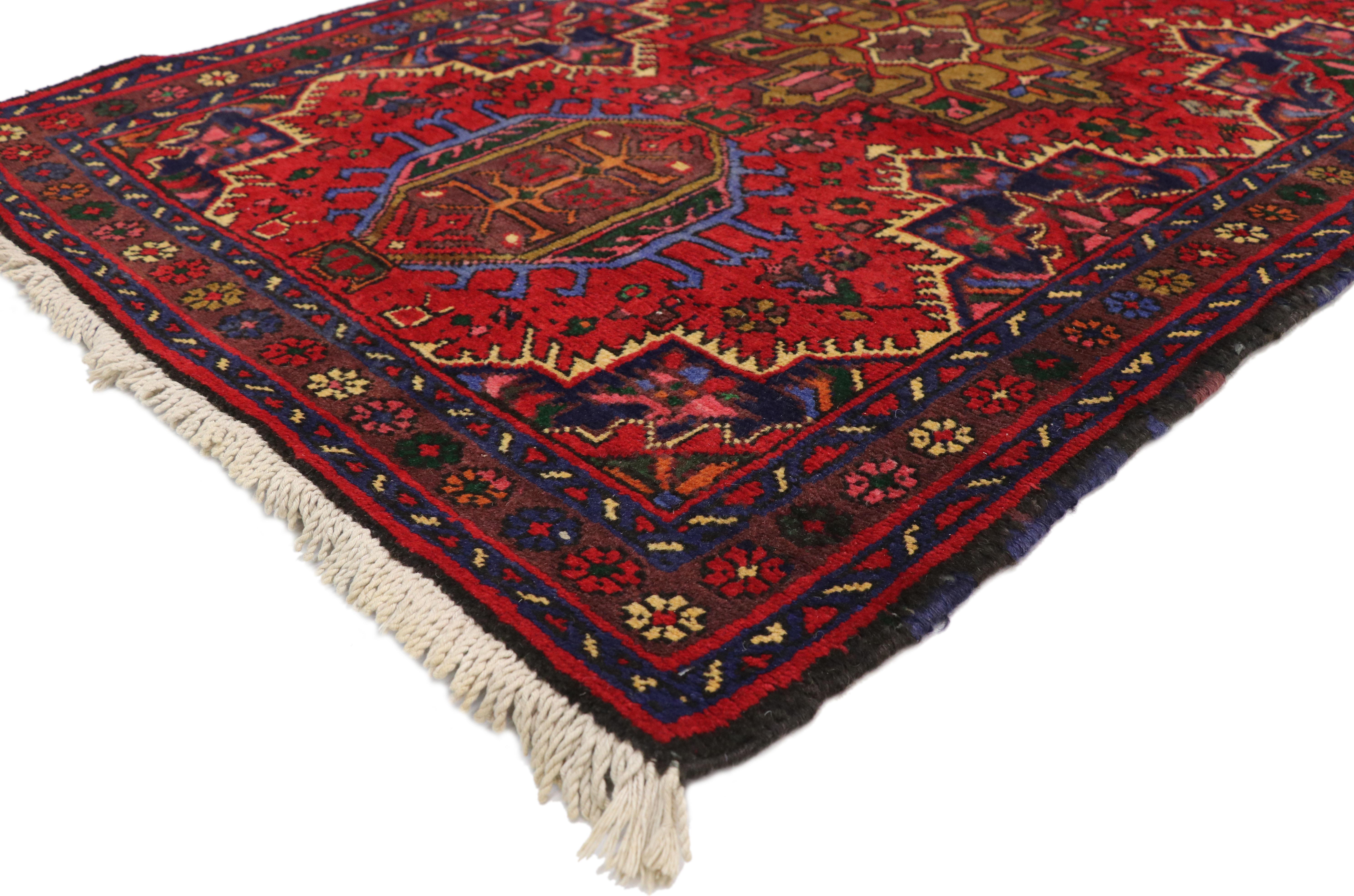 60243 Vintage Persian Heriz Karaja Runner with with Tribal Art Deco Style. This hand-knotted wool vintage Persian Heriz Karaja carpet runner features latch hook medallions and amulets surrounded by an all-over geometric pattern composed of tribal