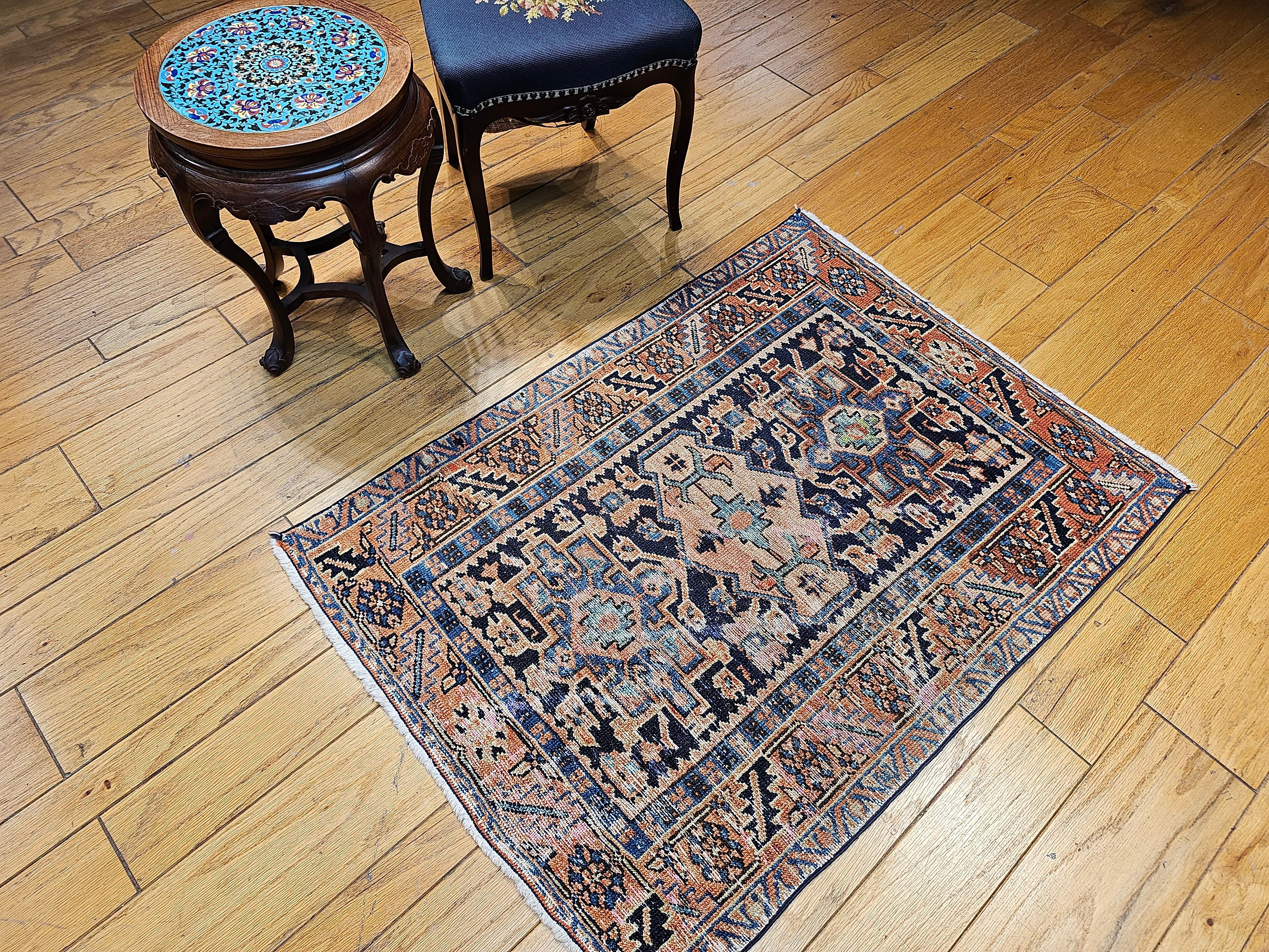 Vintage Persian Heriz Karajah Area Rug in Pale Blue, Pink, Green, Rust Red For Sale 7