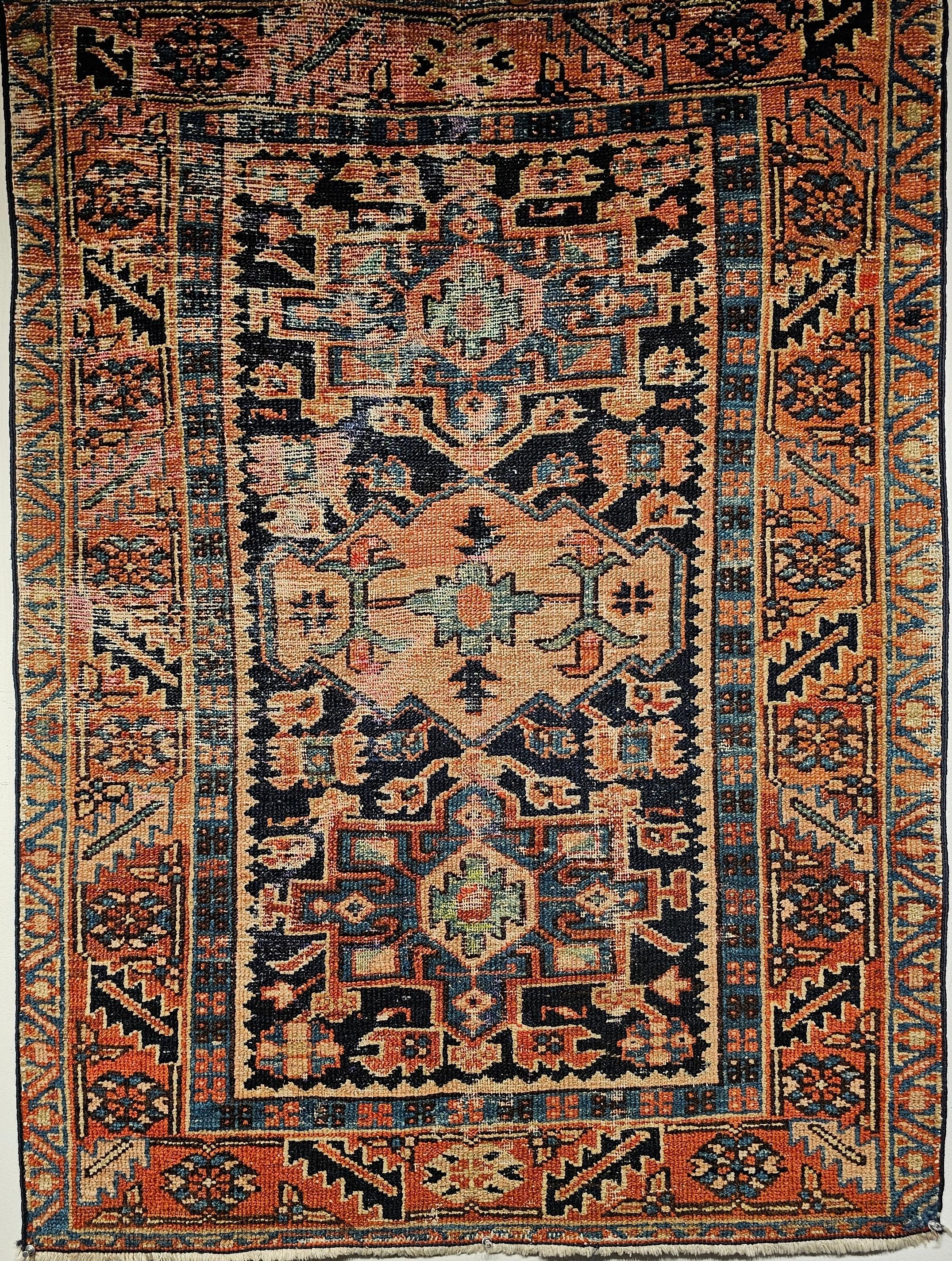Vintage Persian Heriz Karajah Area Rug in Pale Blue, Pink, Green, Rust Red For Sale 9