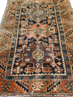 Vintage Persian Heriz Karajah Area Rug in Pale Blue, Pink, Green, Rust Red