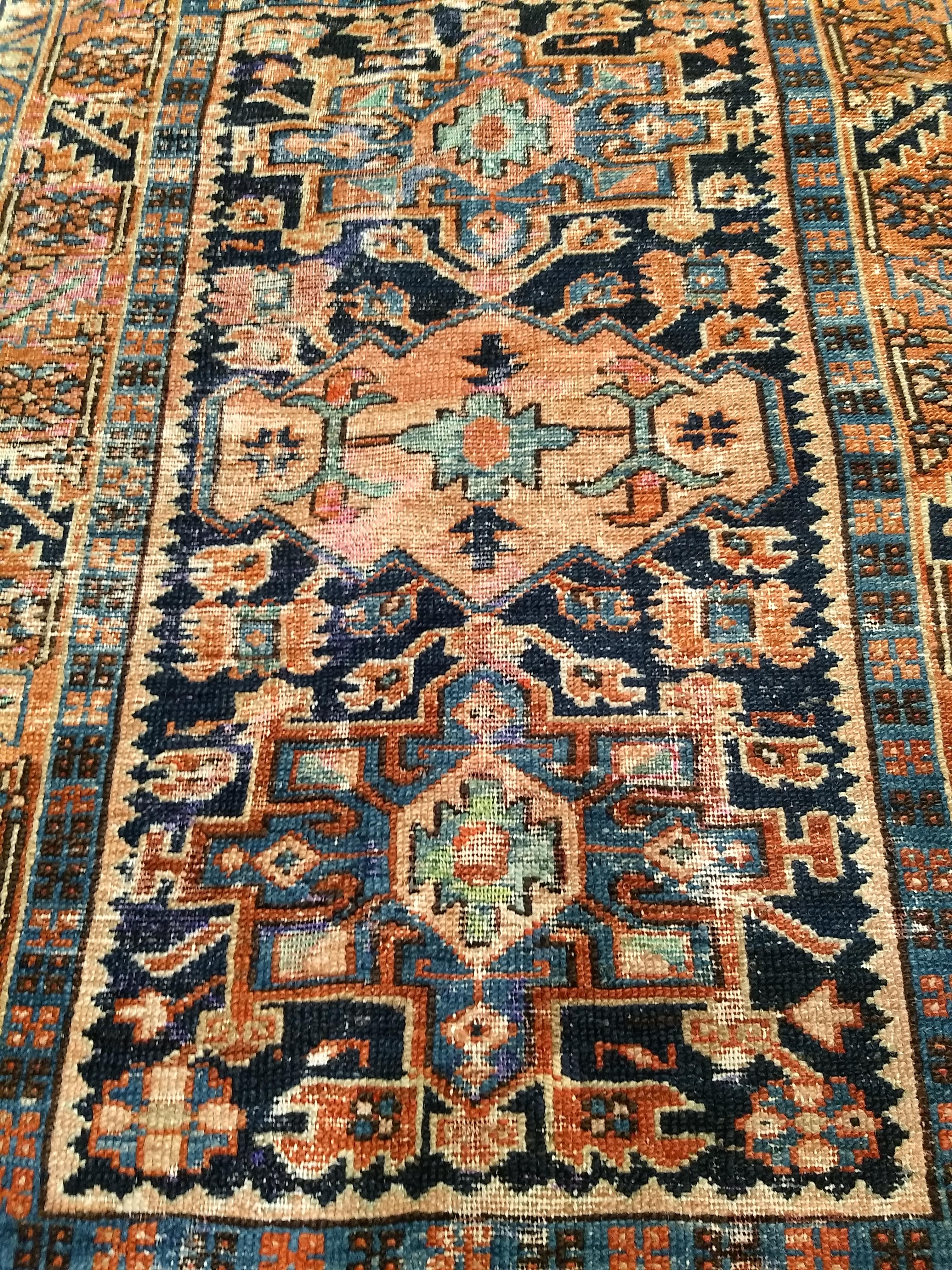 Vegetable Dyed Vintage Persian Heriz Karajah Area Rug in Pale Blue, Pink, Green, Rust Red For Sale