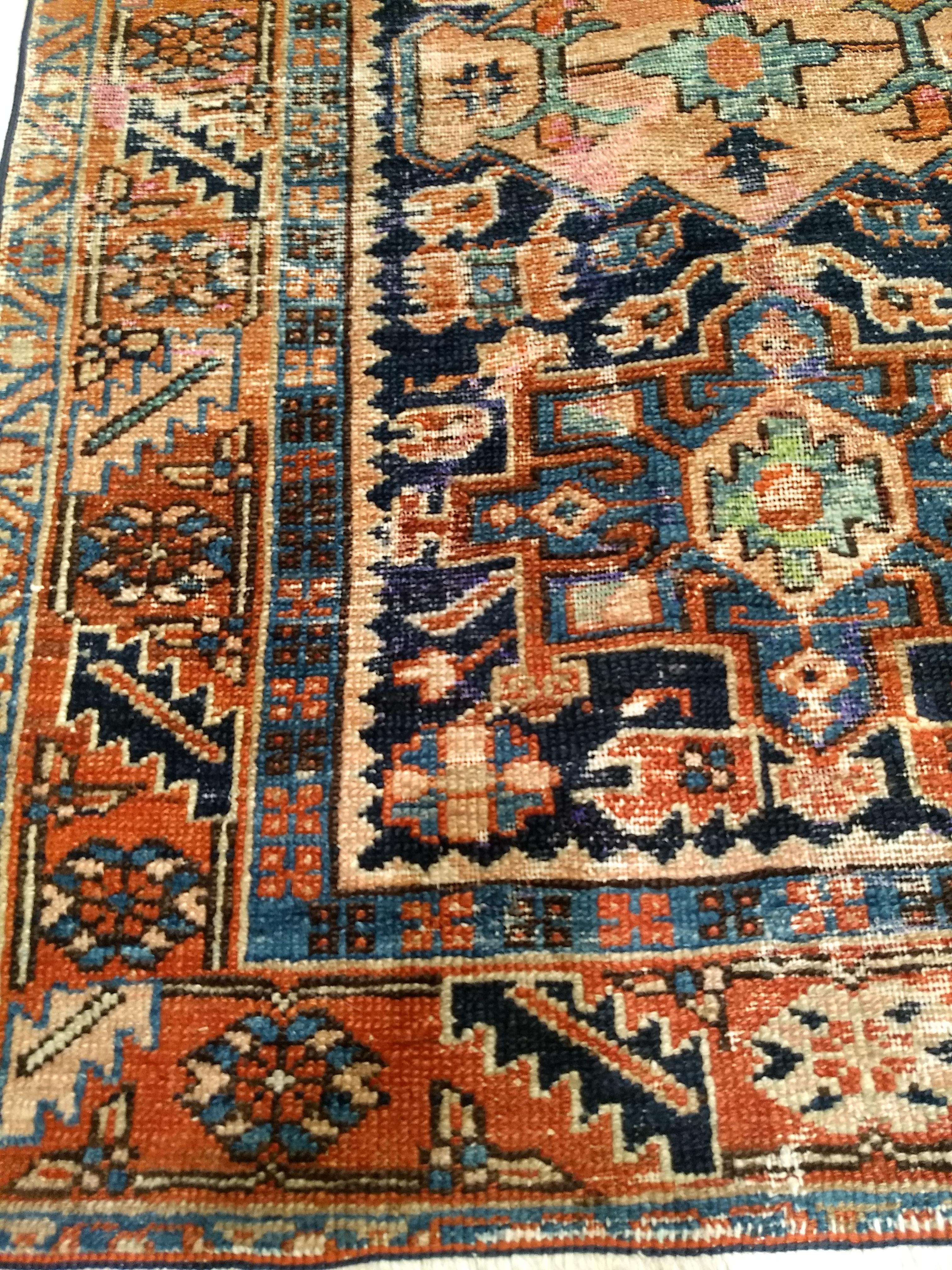 Vintage Persian Heriz Karajah Area Rug in Pale Blue, Pink, Green, Rust Red In Good Condition For Sale In Barrington, IL