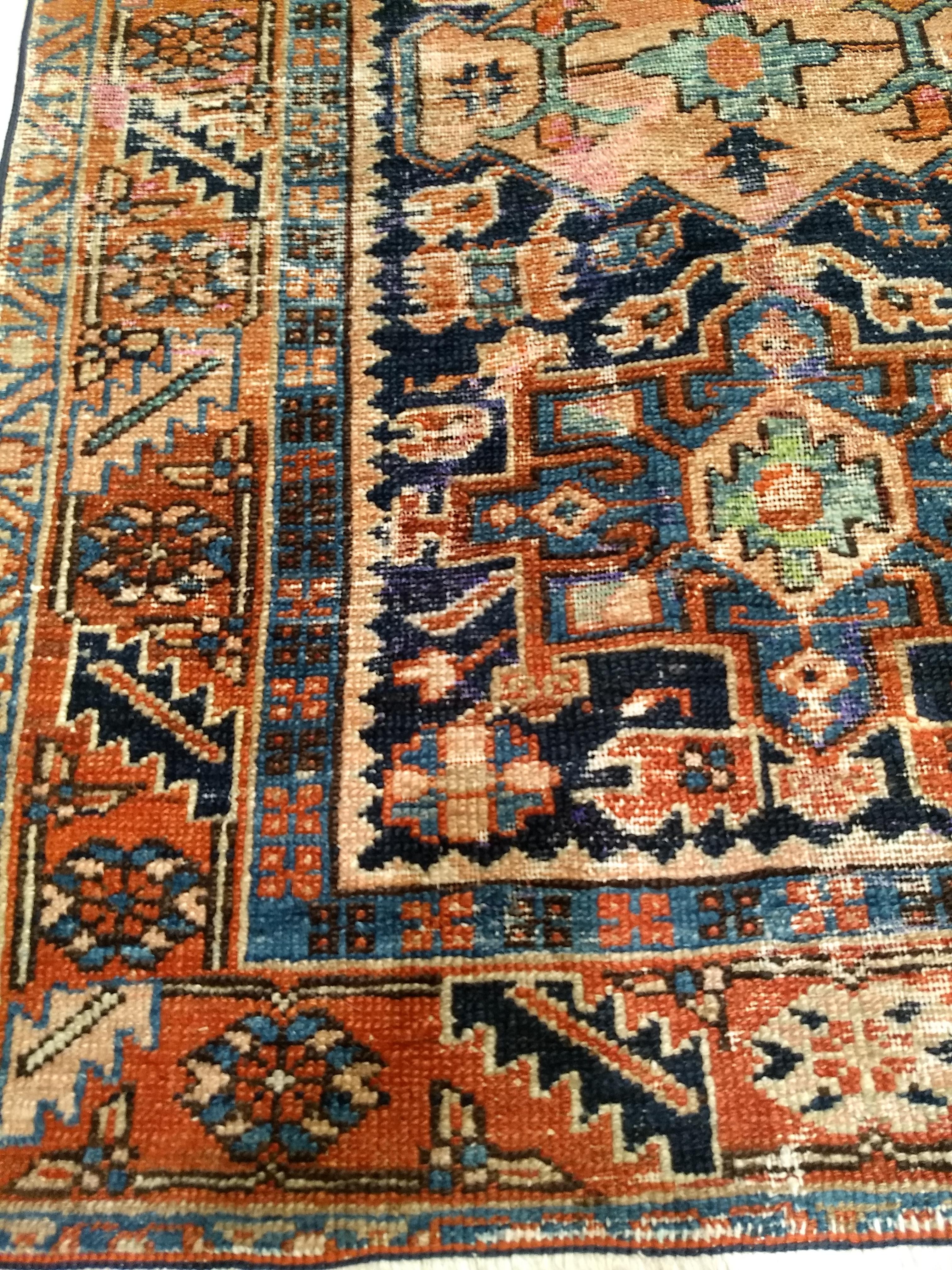 Vegetable Dyed Vintage Persian Heriz Karajah Area Rug in Pale Blue, Pink, Green, Rust Red For Sale