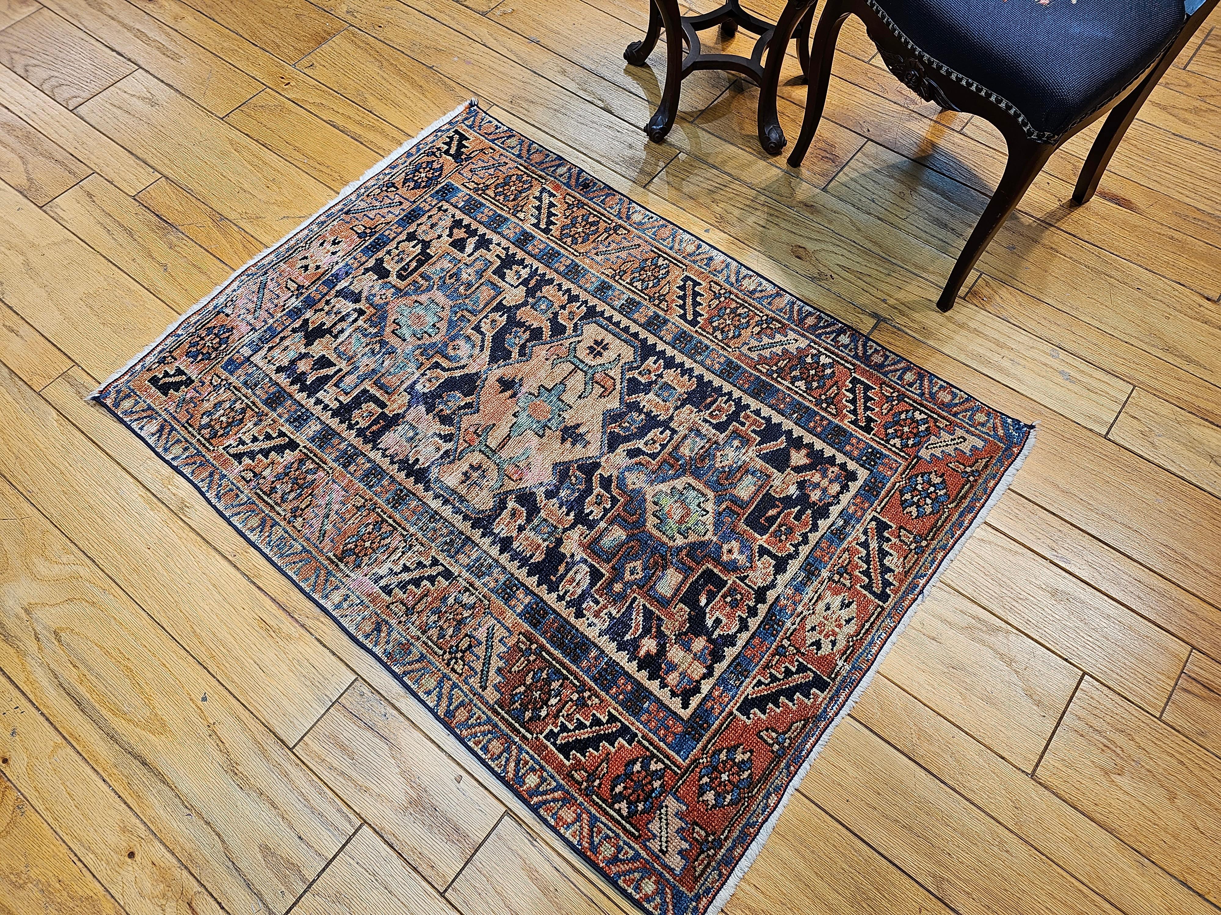 Vintage Persian Heriz Karajah Area Rug in Pale Blue, Pink, Green, Rust Red For Sale 3