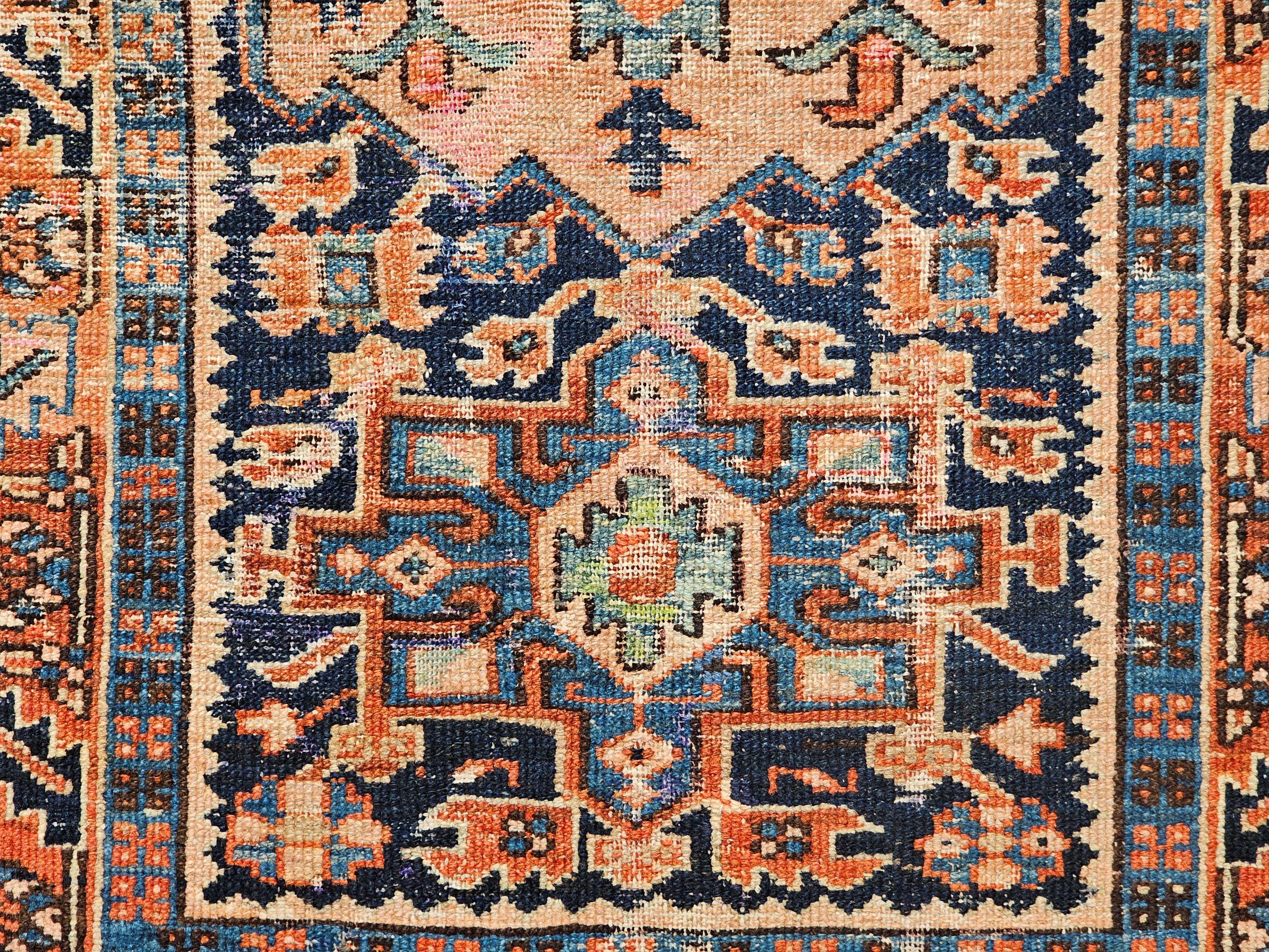 20th Century Vintage Persian Heriz Karajah Area Rug in Pale Blue, Pink, Green, Rust Red For Sale