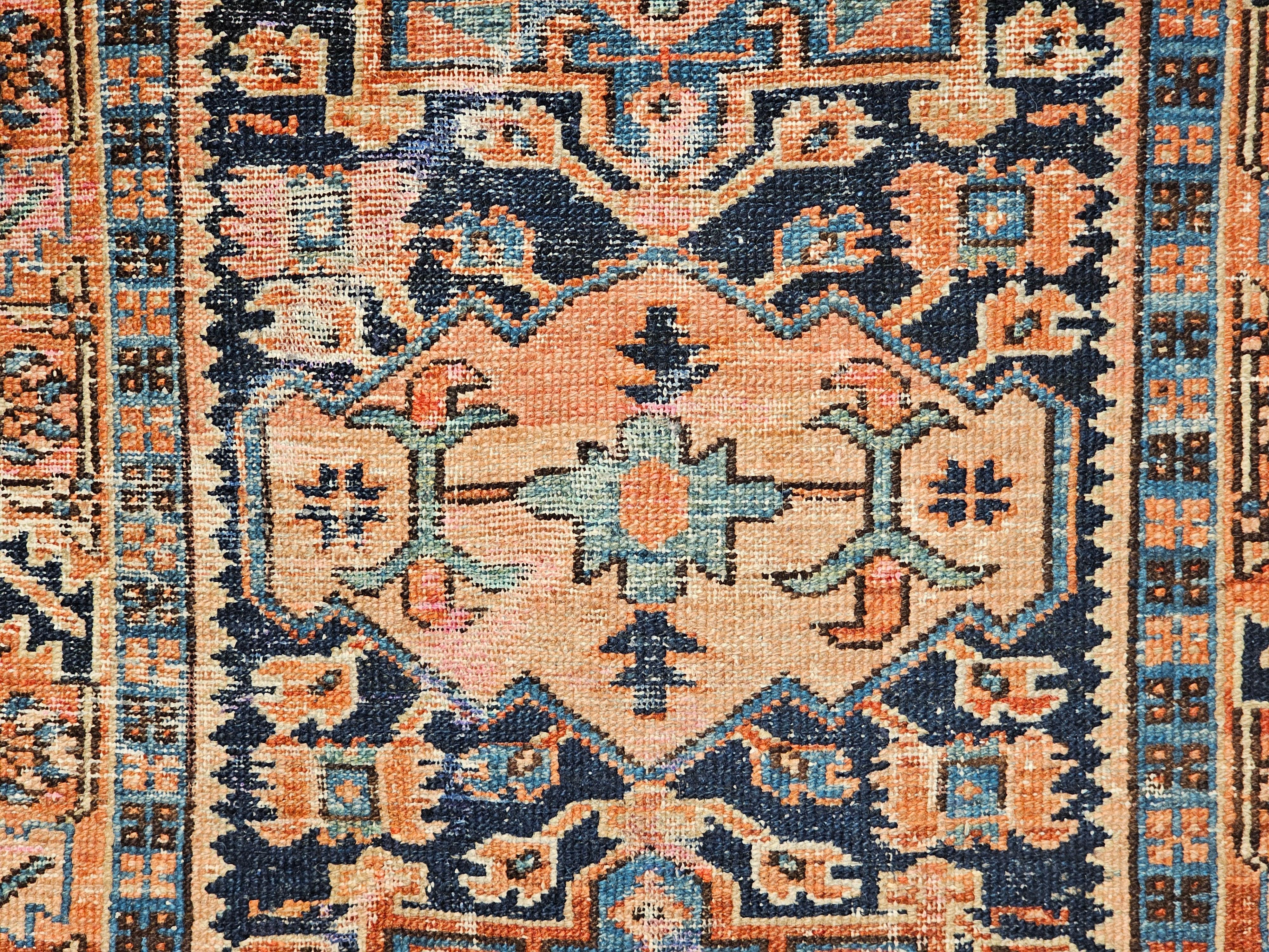Wool Vintage Persian Heriz Karajah Area Rug in Pale Blue, Pink, Green, Rust Red For Sale