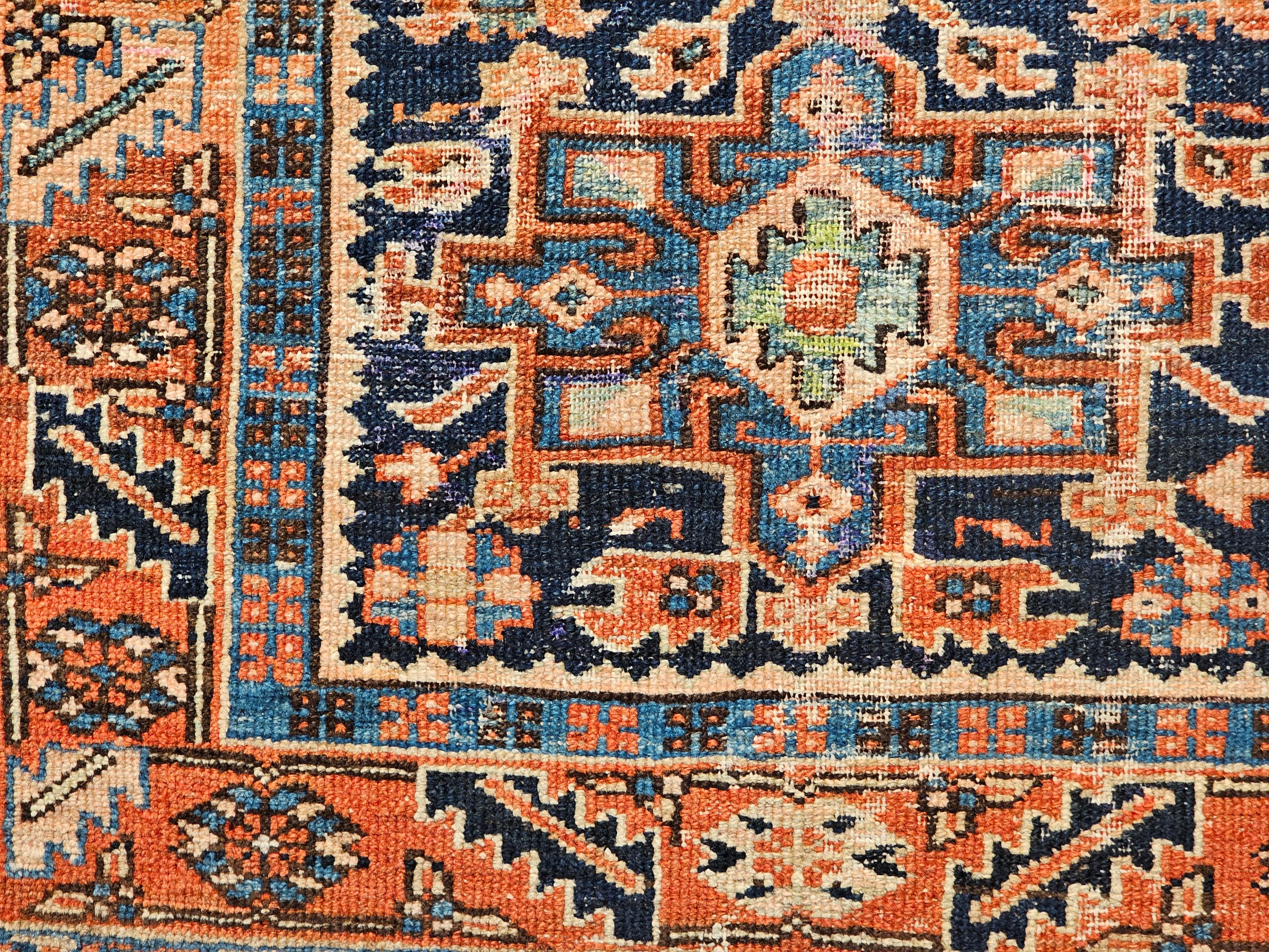 Vintage Persian Heriz Karajah Area Rug in Pale Blue, Pink, Green, Rust Red For Sale 1