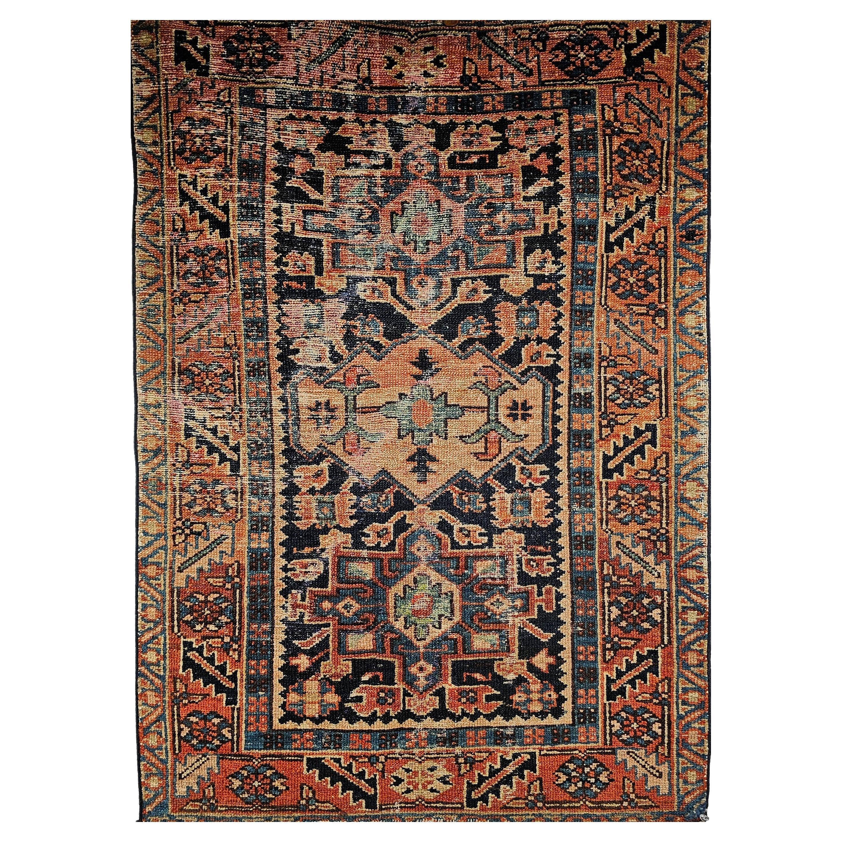 Vintage Persian Heriz Karajah Area Rug in Pale Blue, Pink, Green, Rust Red For Sale