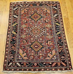 Vintage Persian Heriz Karajah Area Rug in Rust Red, Navy, Pink, Green, Yellow