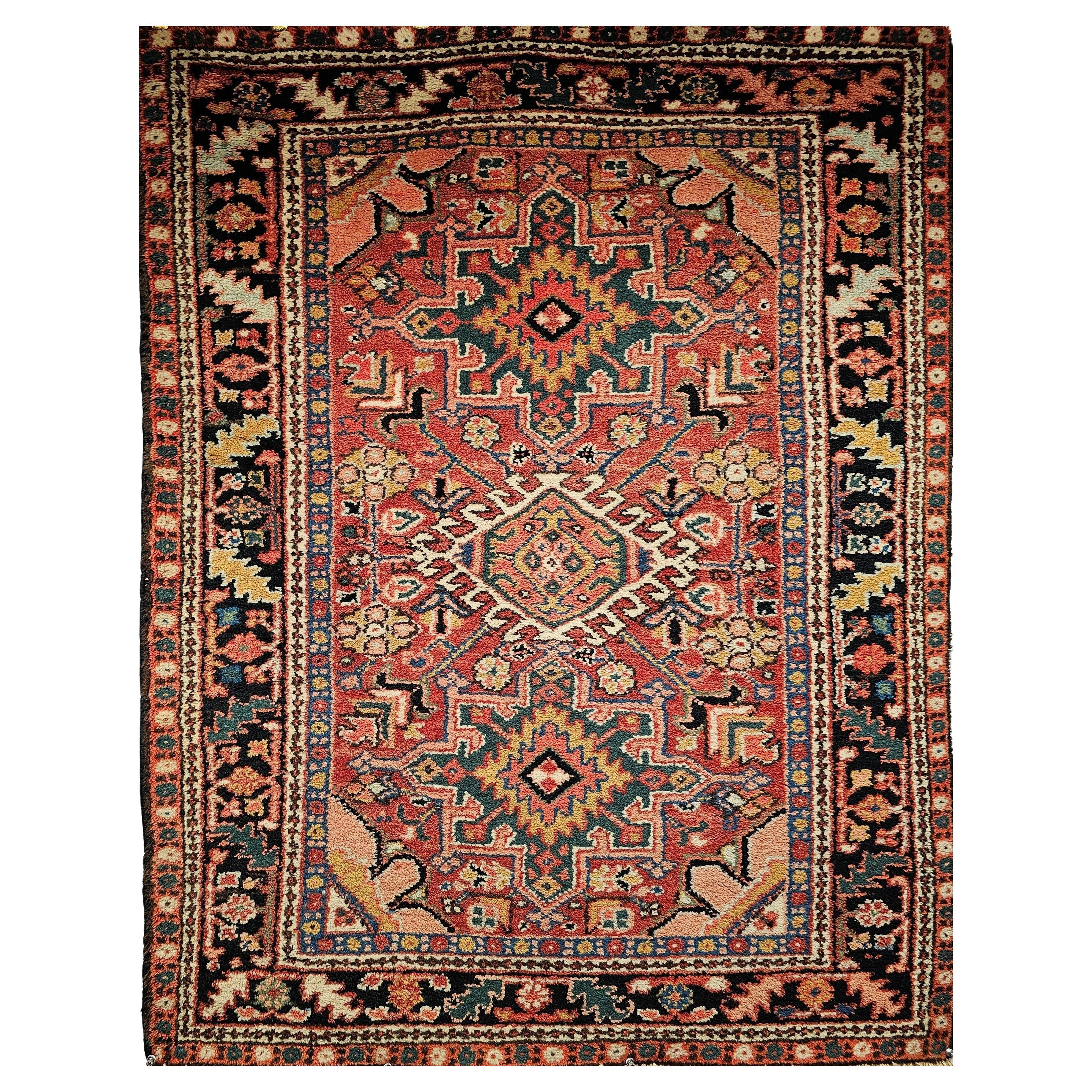 Vintage Persian Heriz Karajah Area Rug in Rust Red, Navy, Pink, Green, Yellow