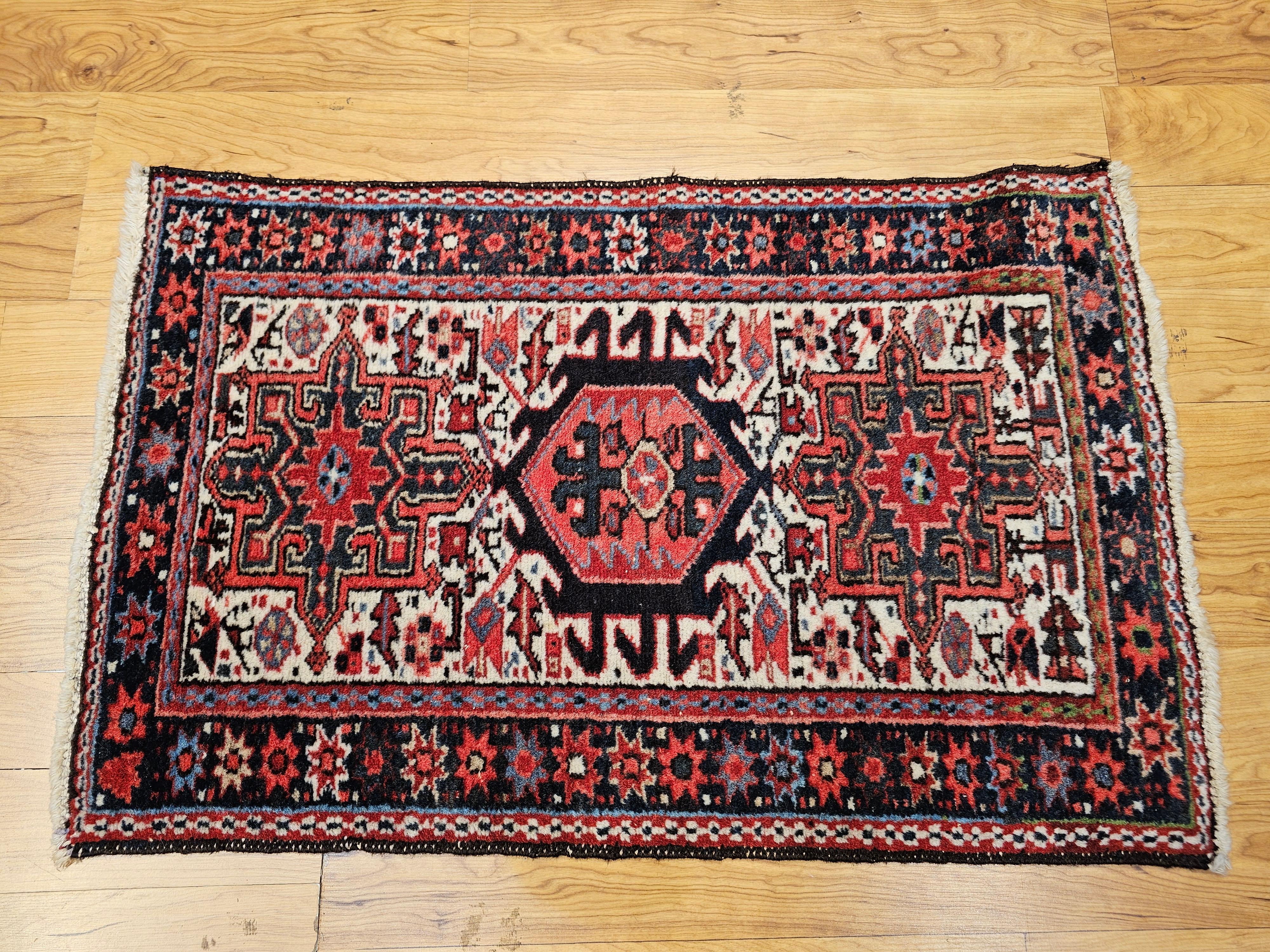 Vintage Persian Heriz Karajeh Area Rug in Geometric Pattern in Red, Green, Ivory For Sale 4