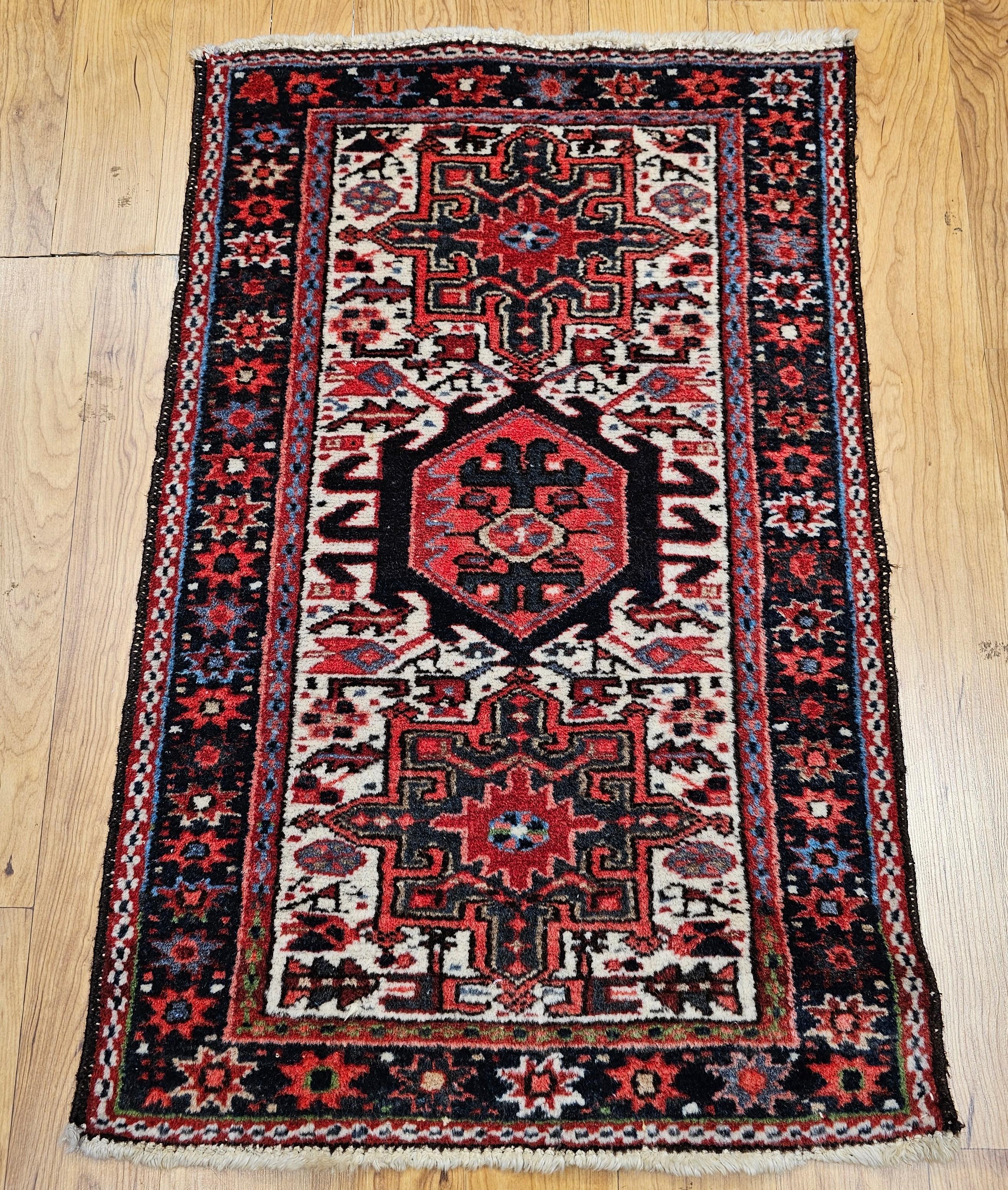 Vintage Persian Heriz Karajeh Area Rug in Geometric Pattern in Red, Green, Ivory For Sale 5