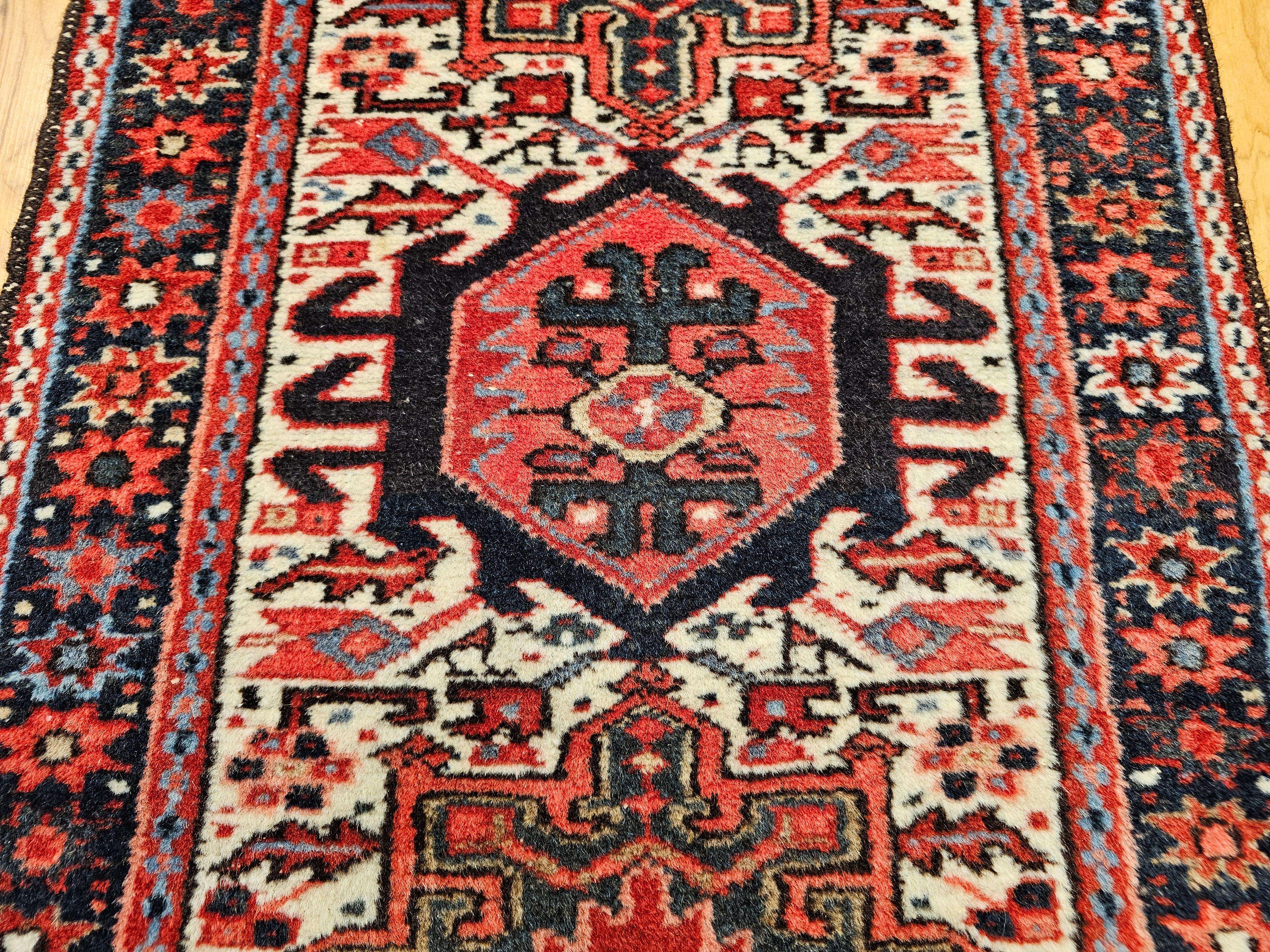 Vegetable Dyed Vintage Persian Heriz Karajeh Area Rug in Geometric Pattern in Red, Green, Ivory For Sale