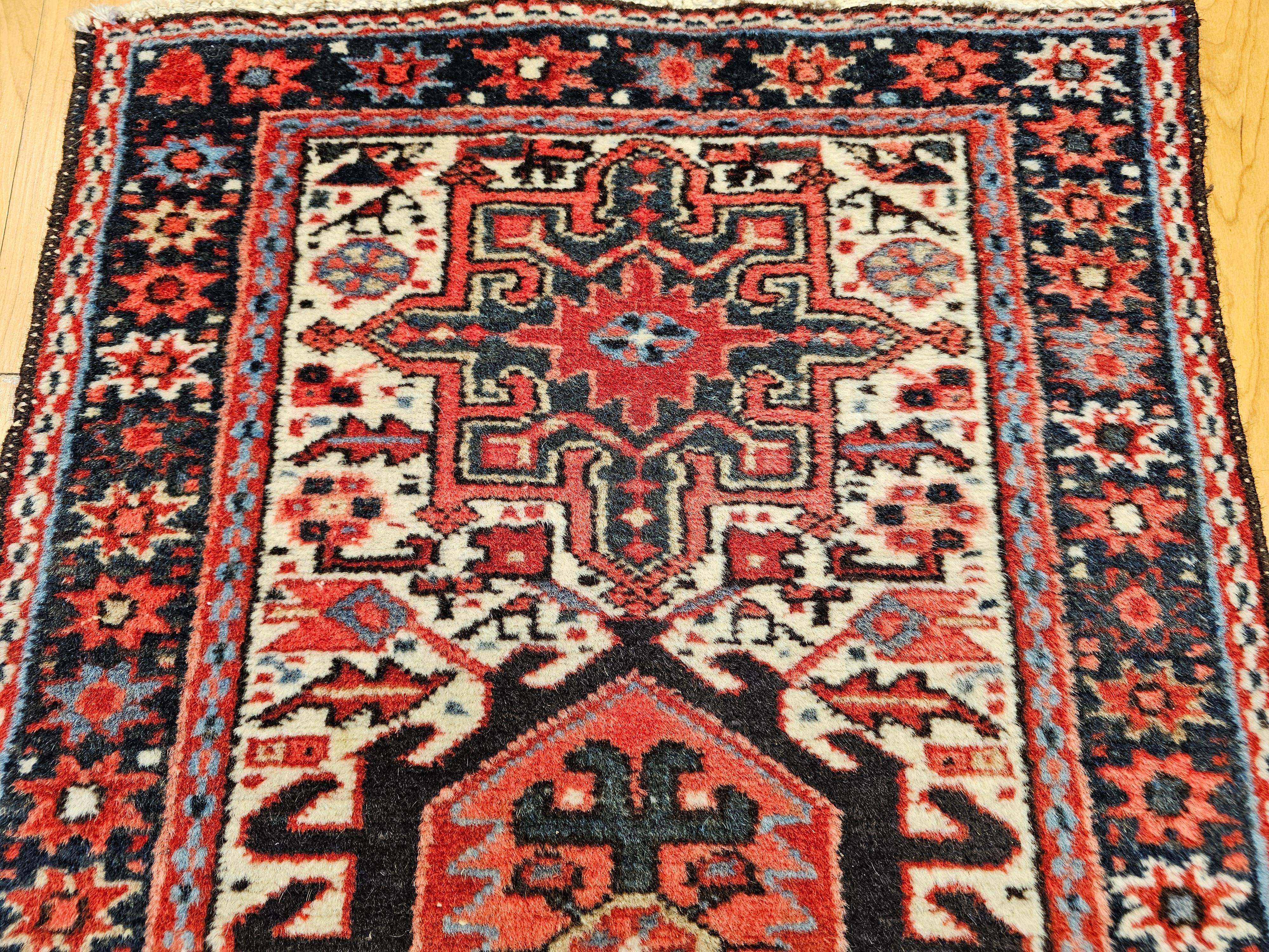 Vintage Persian Heriz Karajeh Area Rug in Geometric Pattern in Red, Green, Ivory In Good Condition For Sale In Barrington, IL