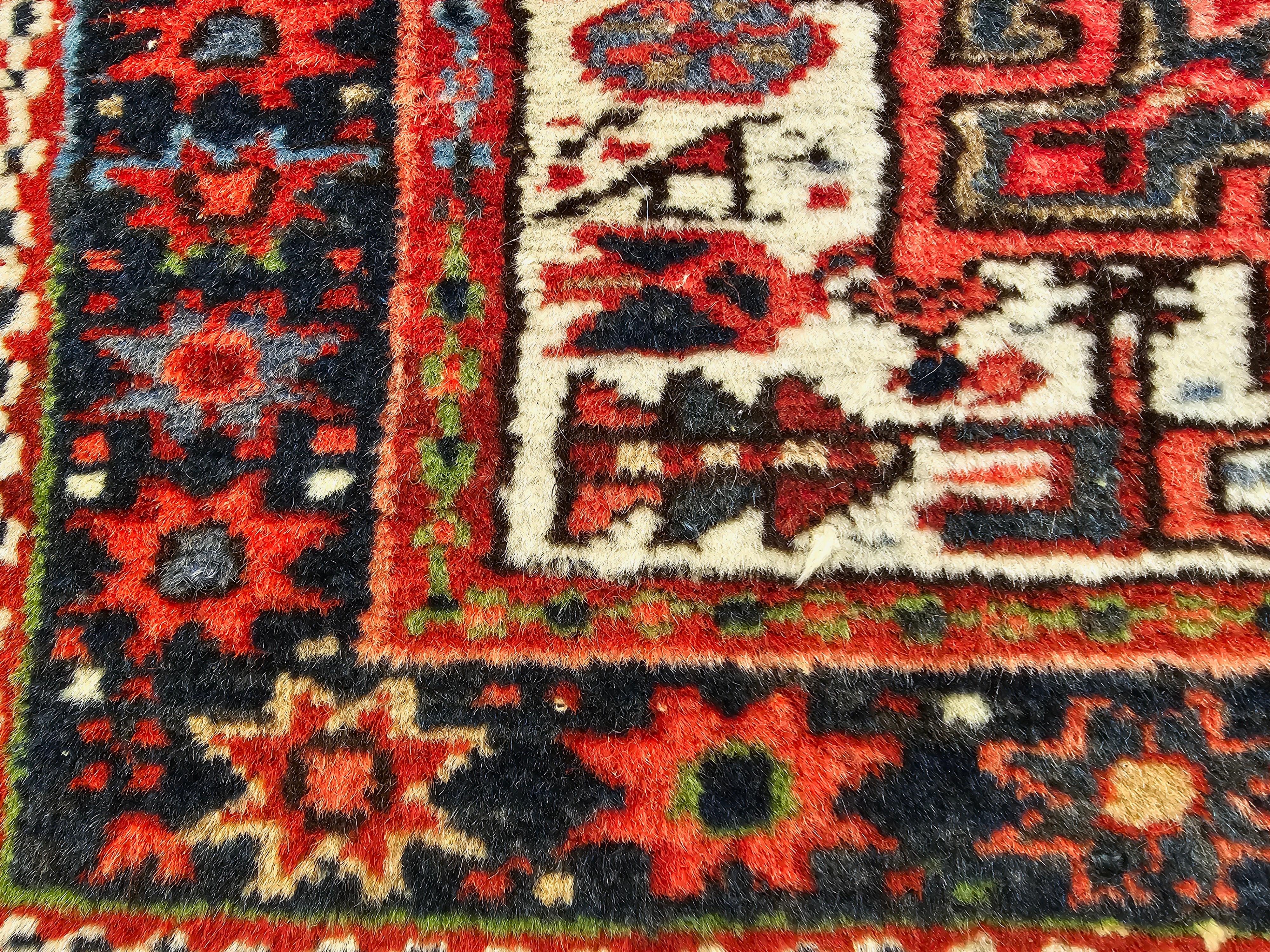20th Century Vintage Persian Heriz Karajeh Area Rug in Geometric Pattern in Red, Green, Ivory For Sale