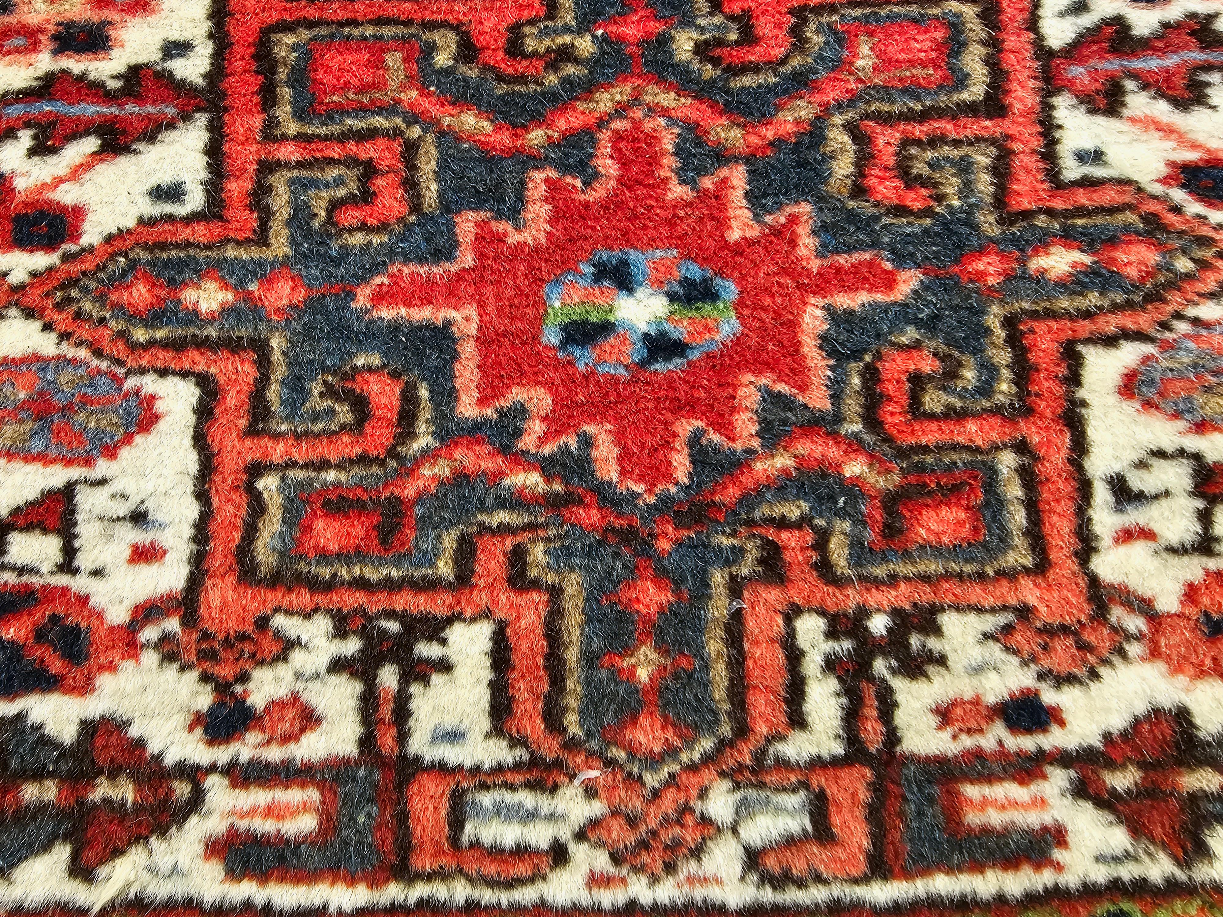 Wool Vintage Persian Heriz Karajeh Area Rug in Geometric Pattern in Red, Green, Ivory For Sale