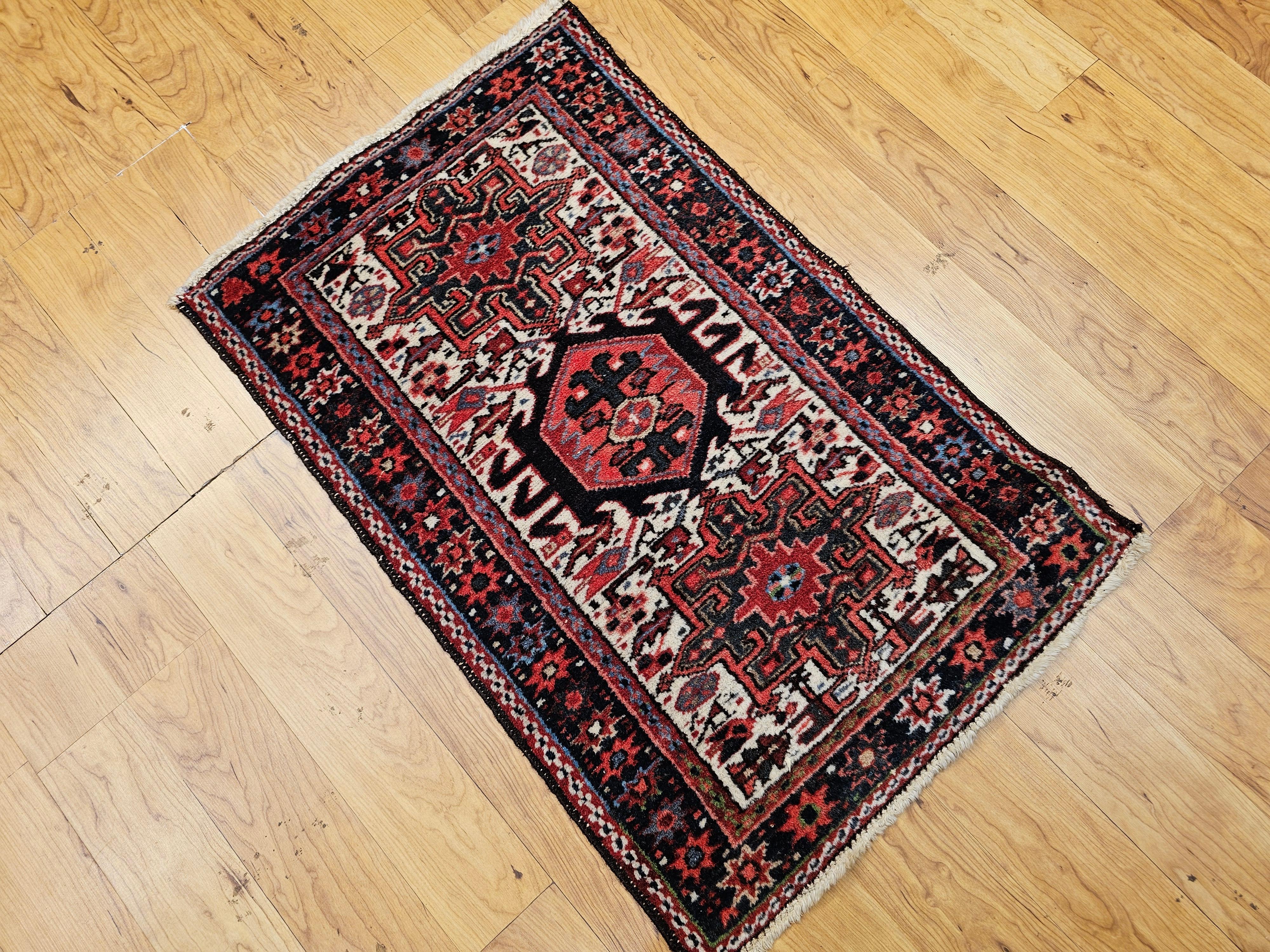 Vintage Persian Heriz Karajeh Area Rug in Geometric Pattern in Red, Green, Ivory For Sale 1