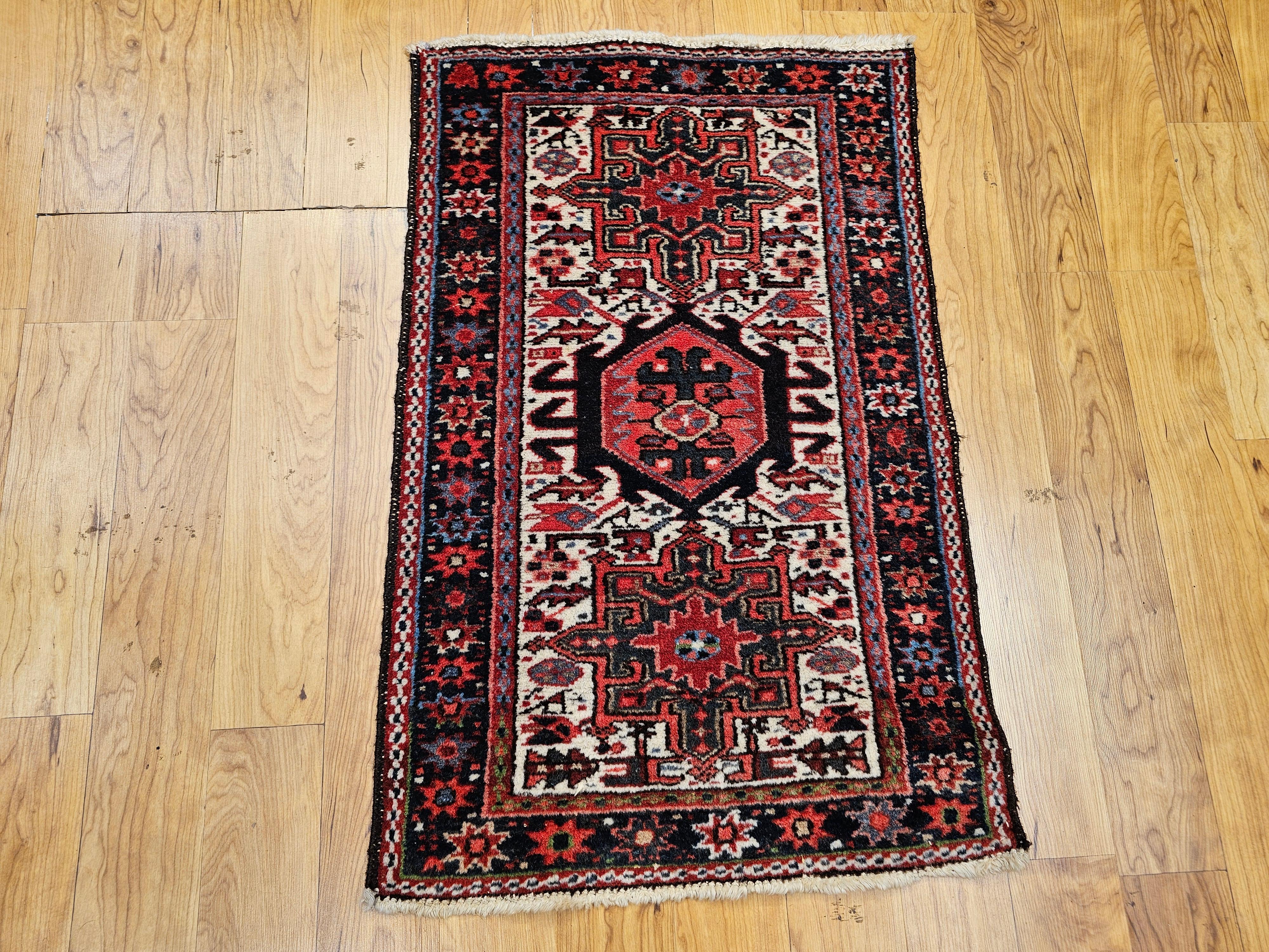Vintage Persian Heriz Karajeh Area Rug in Geometric Pattern in Red, Green, Ivory For Sale 2