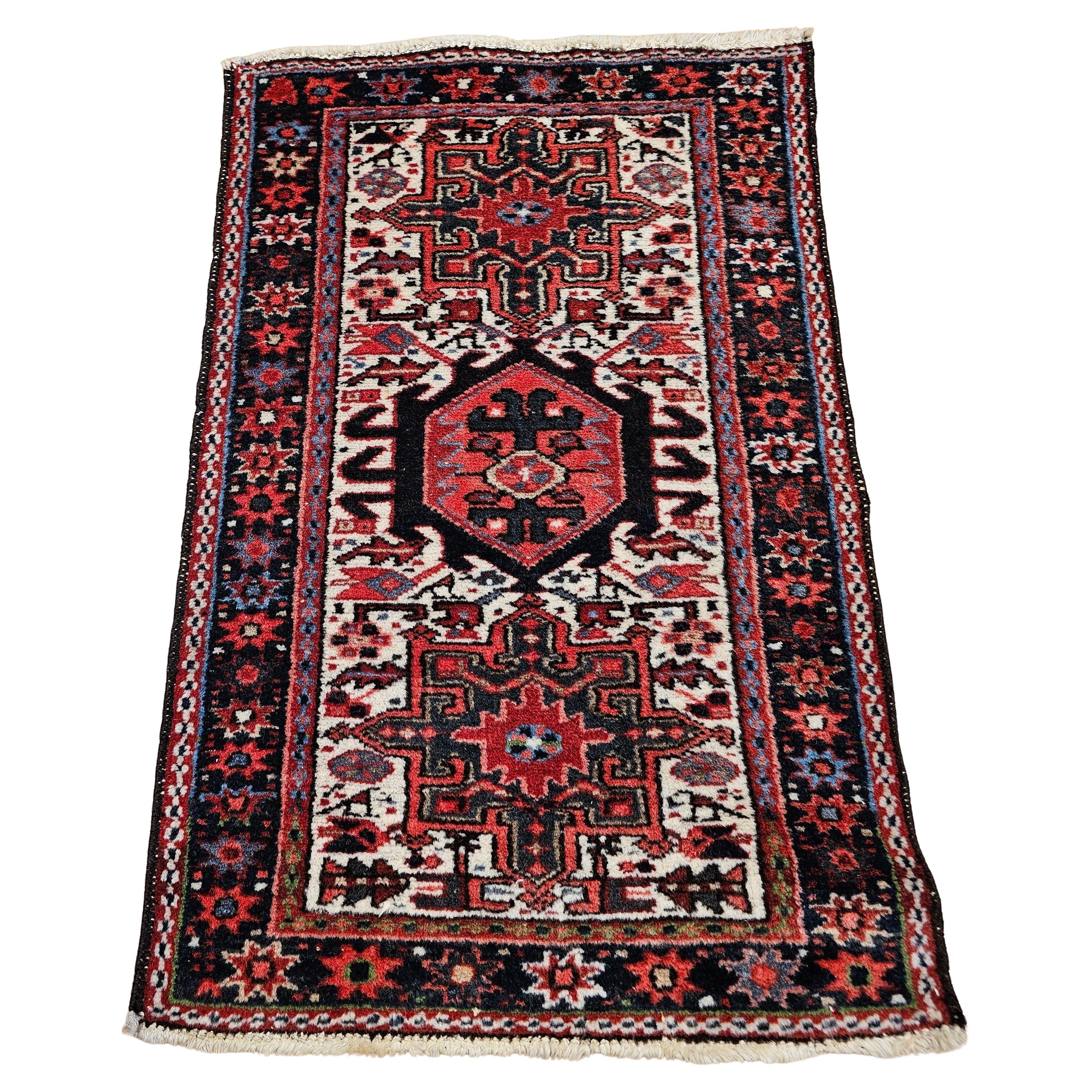 Vintage Persian Heriz Karajeh Area Rug in Geometric Pattern in Red, Green, Ivory For Sale