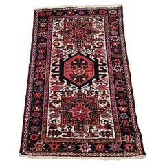 Vintage Persian Heriz Karajeh Area Rug in Geometric Pattern in Red, Green, Ivory