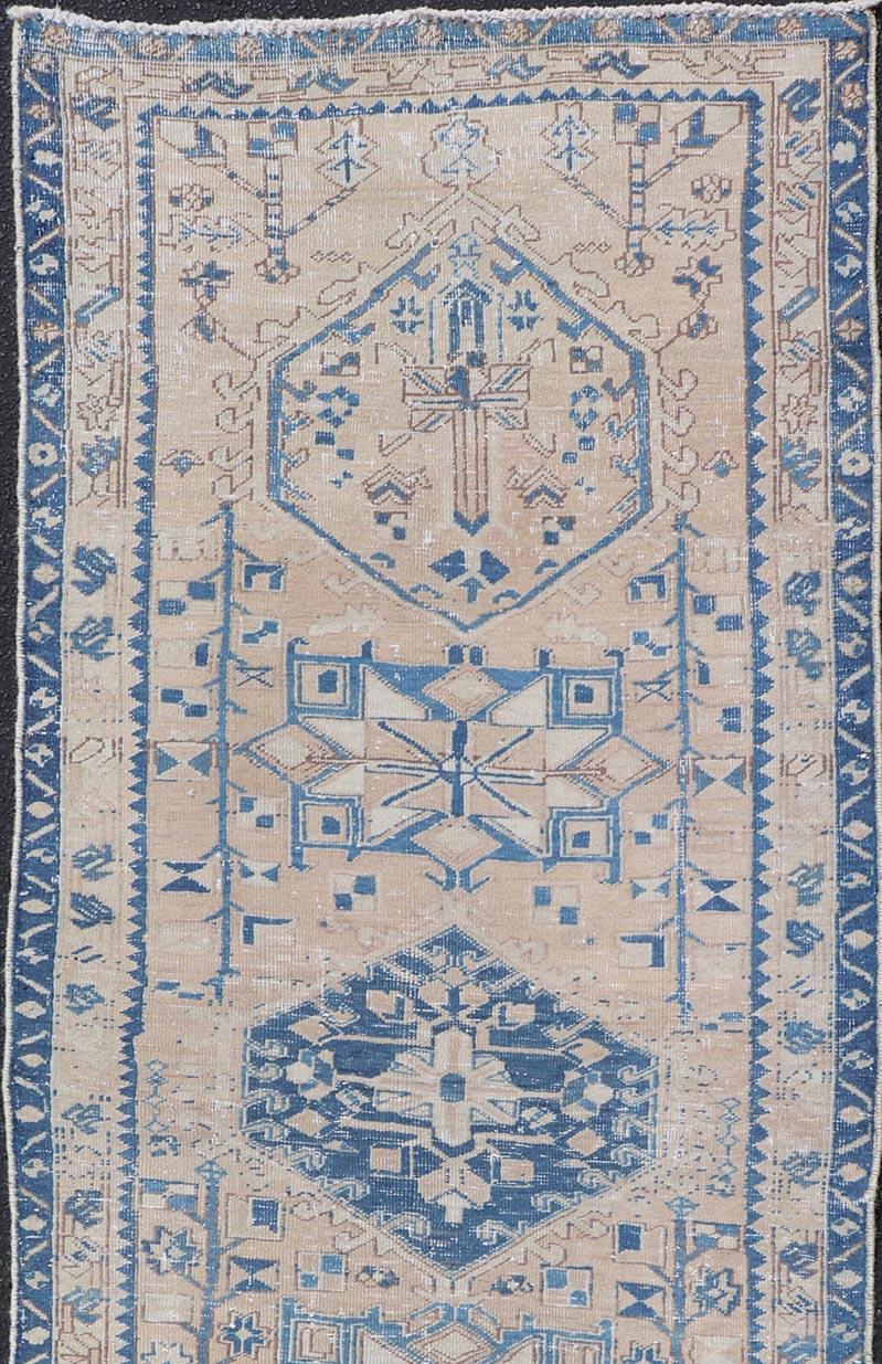Hand-Knotted Vintage Persian Heriz Long Runner with Medallions in Tan, Light Brown and Blue For Sale