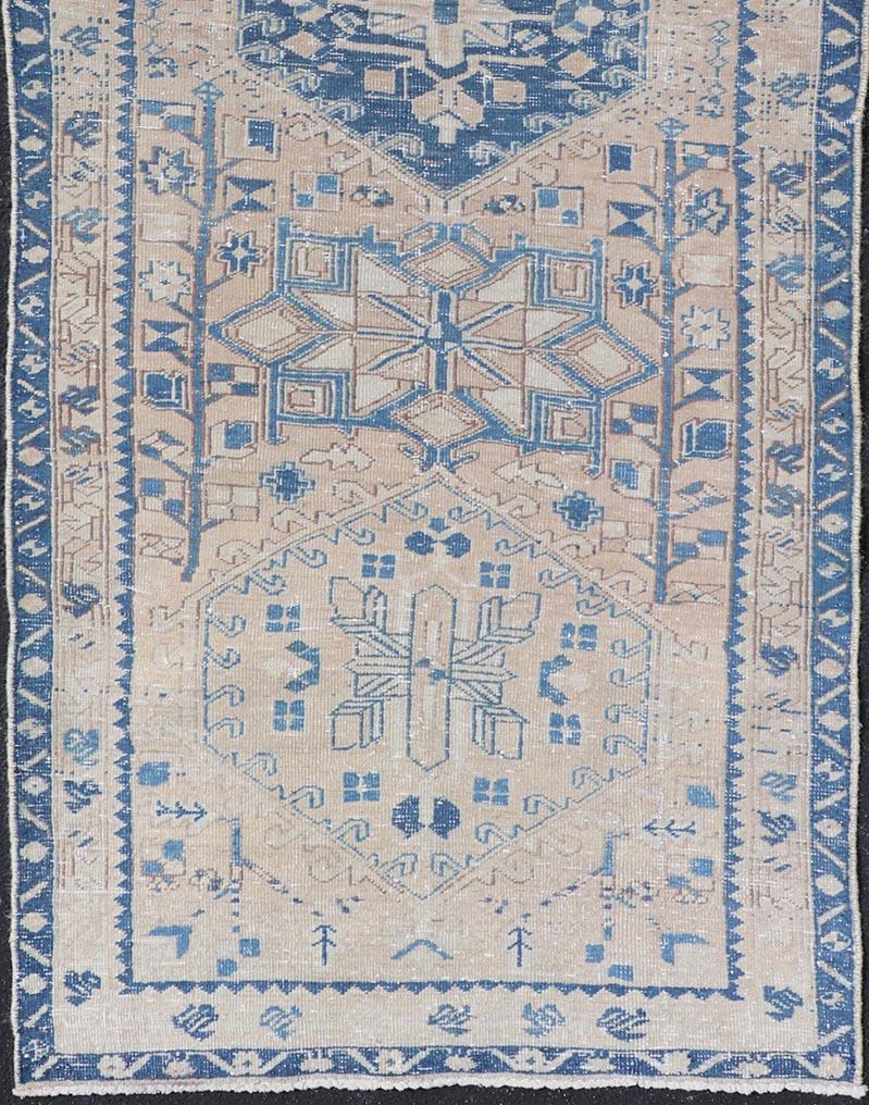 20th Century Vintage Persian Heriz Long Runner with Medallions in Tan, Light Brown and Blue For Sale