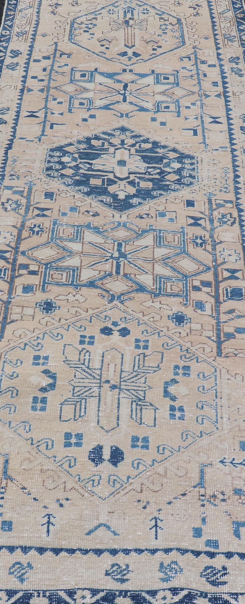 Vintage Persian Heriz Long Runner with Medallions in Tan, Light Brown and Blue For Sale 2