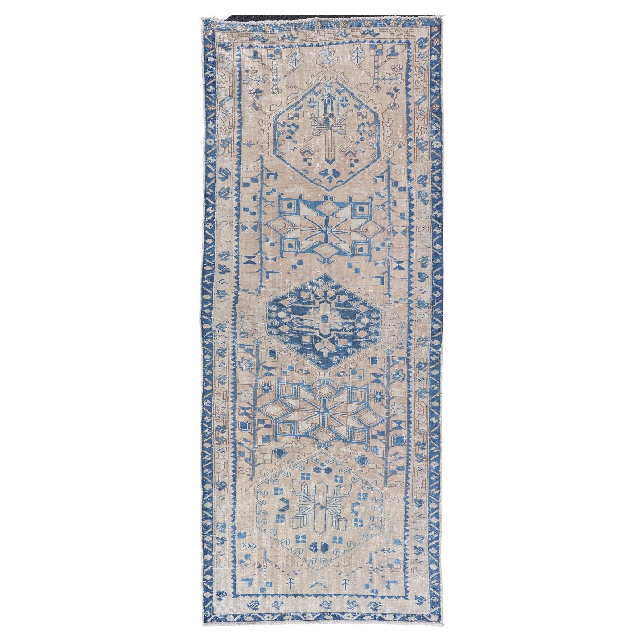 Vintage Persian Heriz Long Runner with Medallions in Tan, Light Brown and Blue For Sale