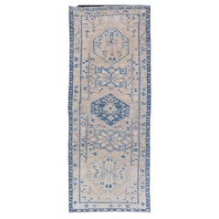 Vintage Persian Heriz Long Runner with Medallions in Tan, Light Brown and Blue