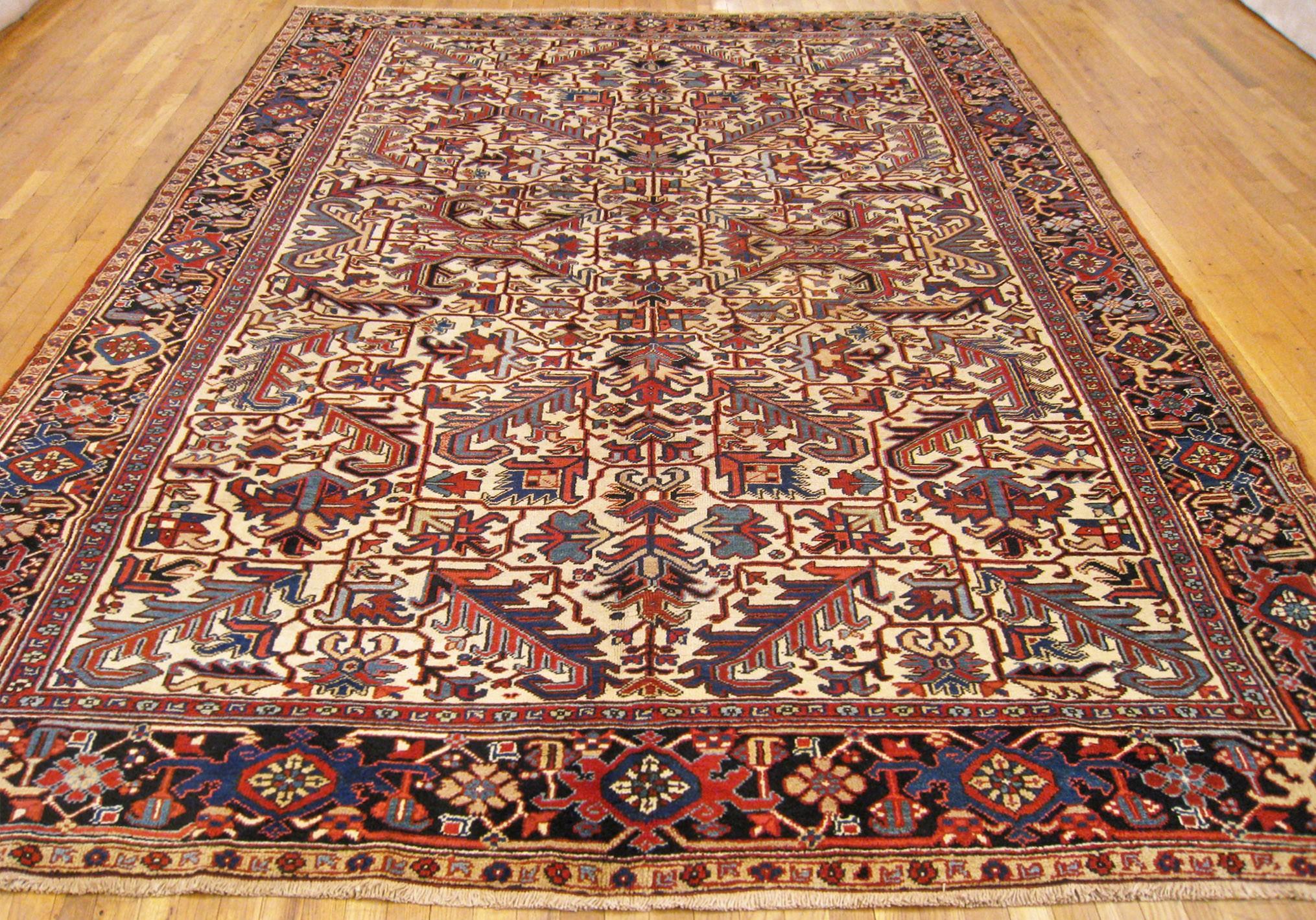 Asian Vintage Persian Heriz Oriental Rug, in Room size, with Ivory Field & Geometric  For Sale