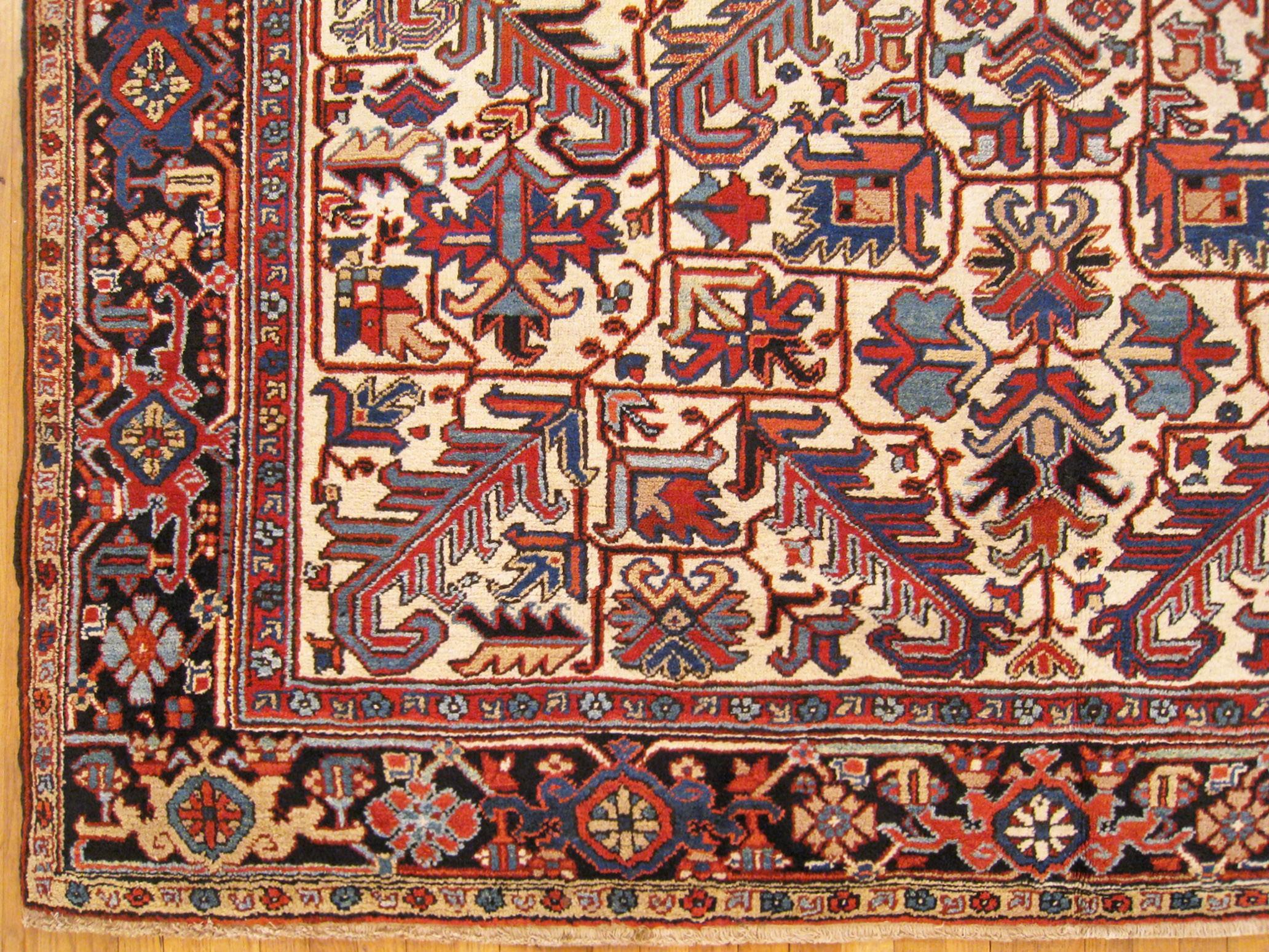 Hand-Knotted Vintage Persian Heriz Oriental Rug, in Room size, with Ivory Field & Geometric  For Sale
