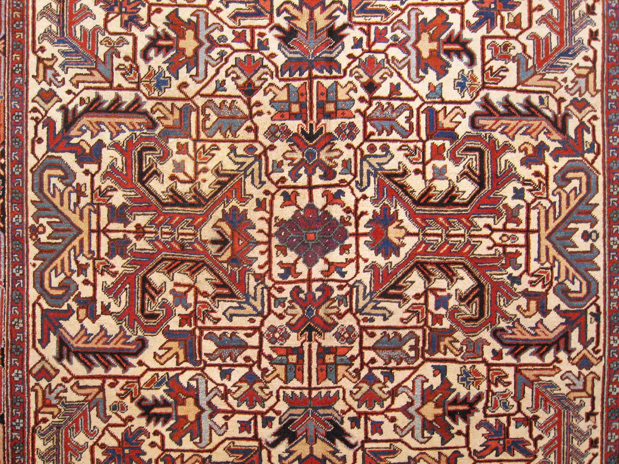 Mid-20th Century Vintage Persian Heriz Oriental Rug, in Room size, with Ivory Field & Geometric  For Sale