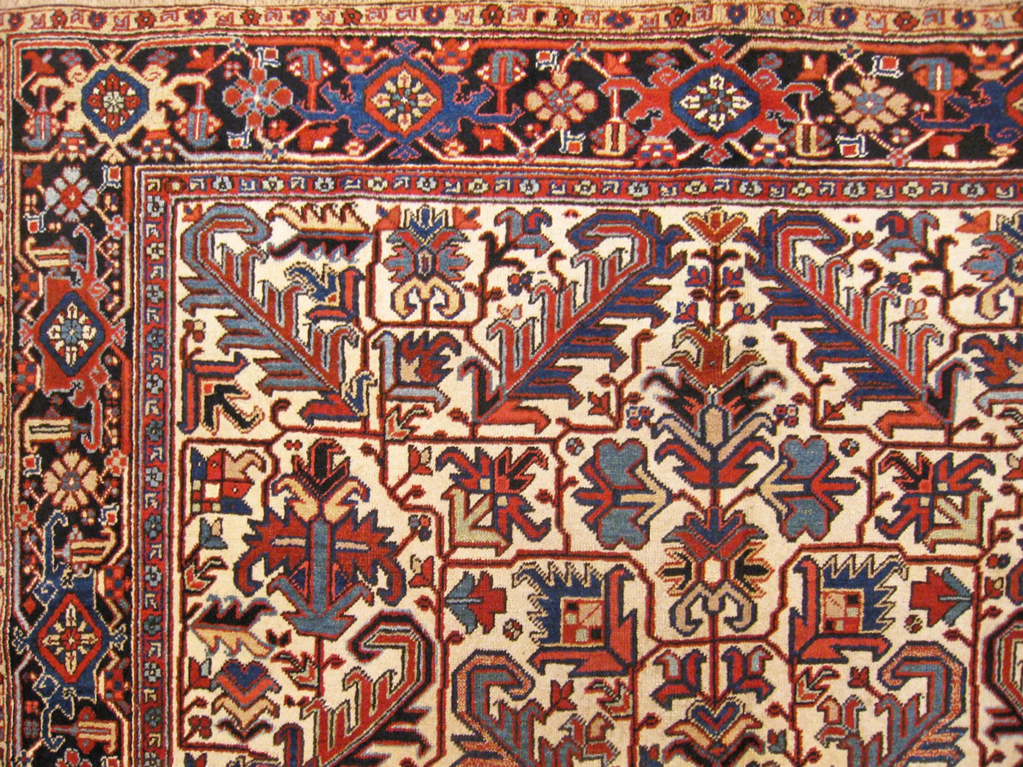 Wool Vintage Persian Heriz Oriental Rug, in Room size, with Ivory Field & Geometric  For Sale