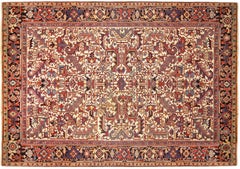 Vintage Persian Heriz Orientteppich:: in Zimmergröße:: mit elfenbeinfarbenem Feld & Geometrisch