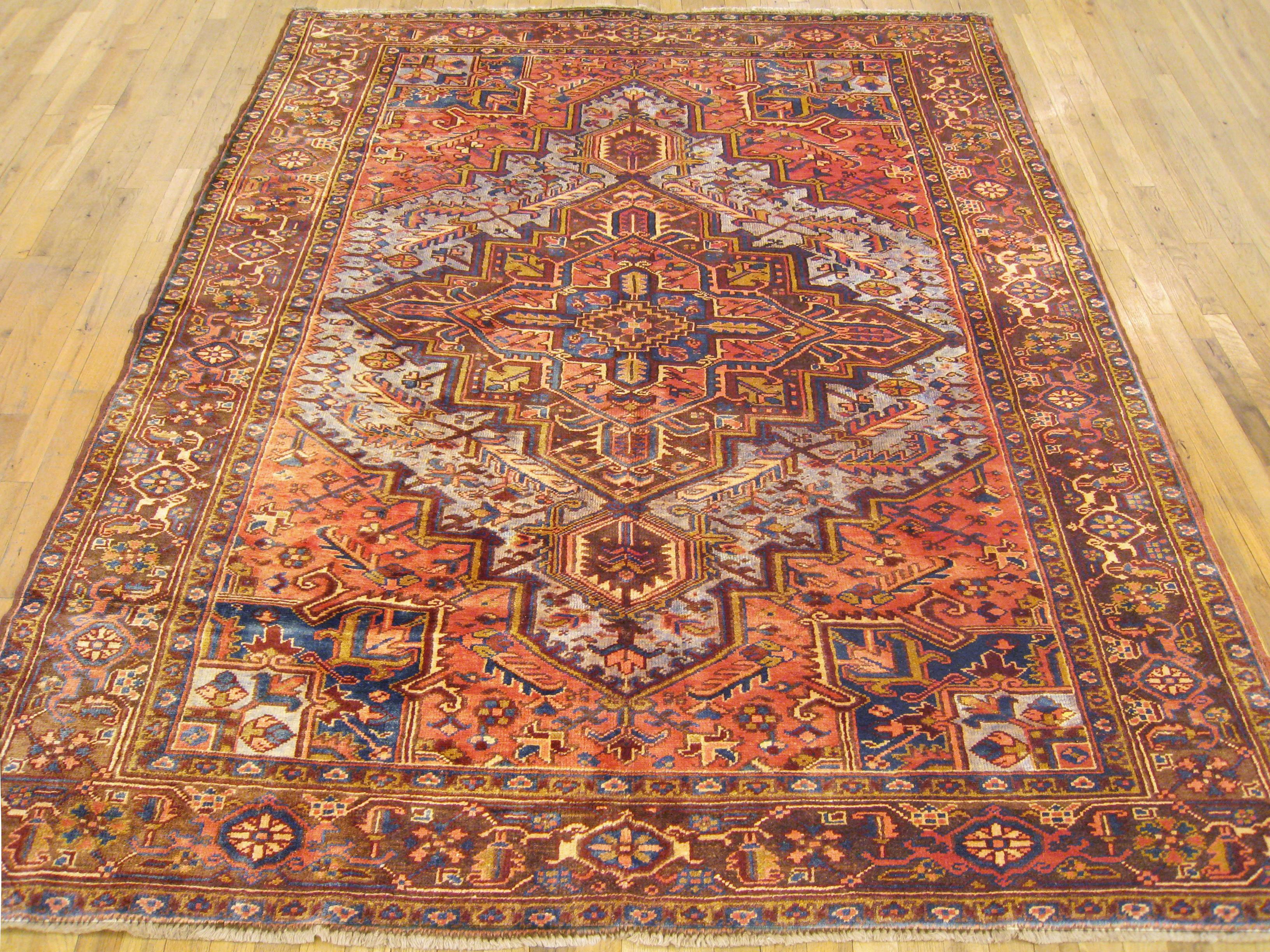 Hand-Knotted Vintage Persian Heriz Oriental Rug, Room Size, W/ Central Medallion For Sale