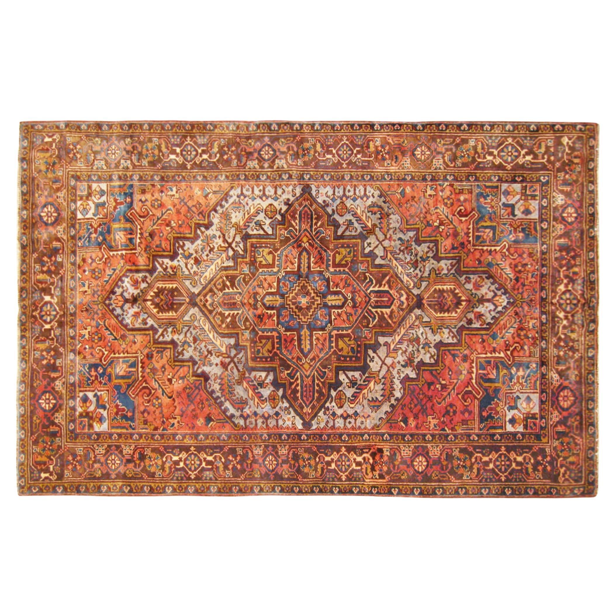 Vintage Persian Heriz Oriental Rug, Room Size, W/ Central Medallion For Sale