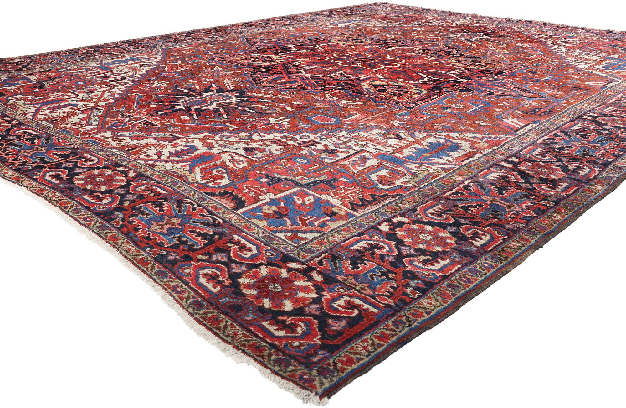 78842 Vintage Persian Heriz Rug, 11'06 x 14'09. Timeless sophistication and enduring elegance converge in this hand-knotted wool vintage Persian Heriz rug, a masterpiece that captures the rich heritage of Persian craftsmanship. Originating from the
