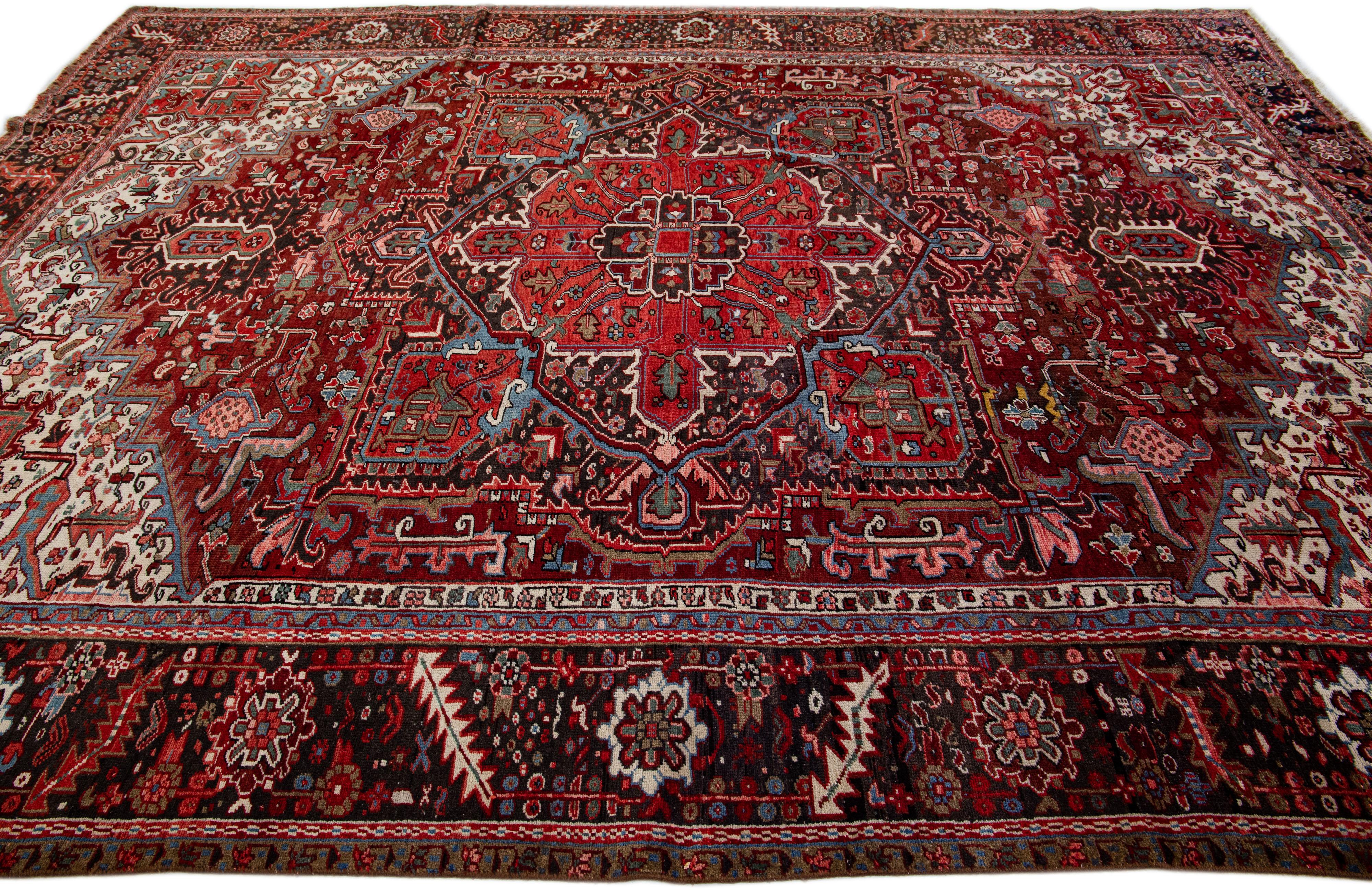 Hand-Knotted Vintage Persian Heriz Red Handmade Medallion Wool Rug For Sale